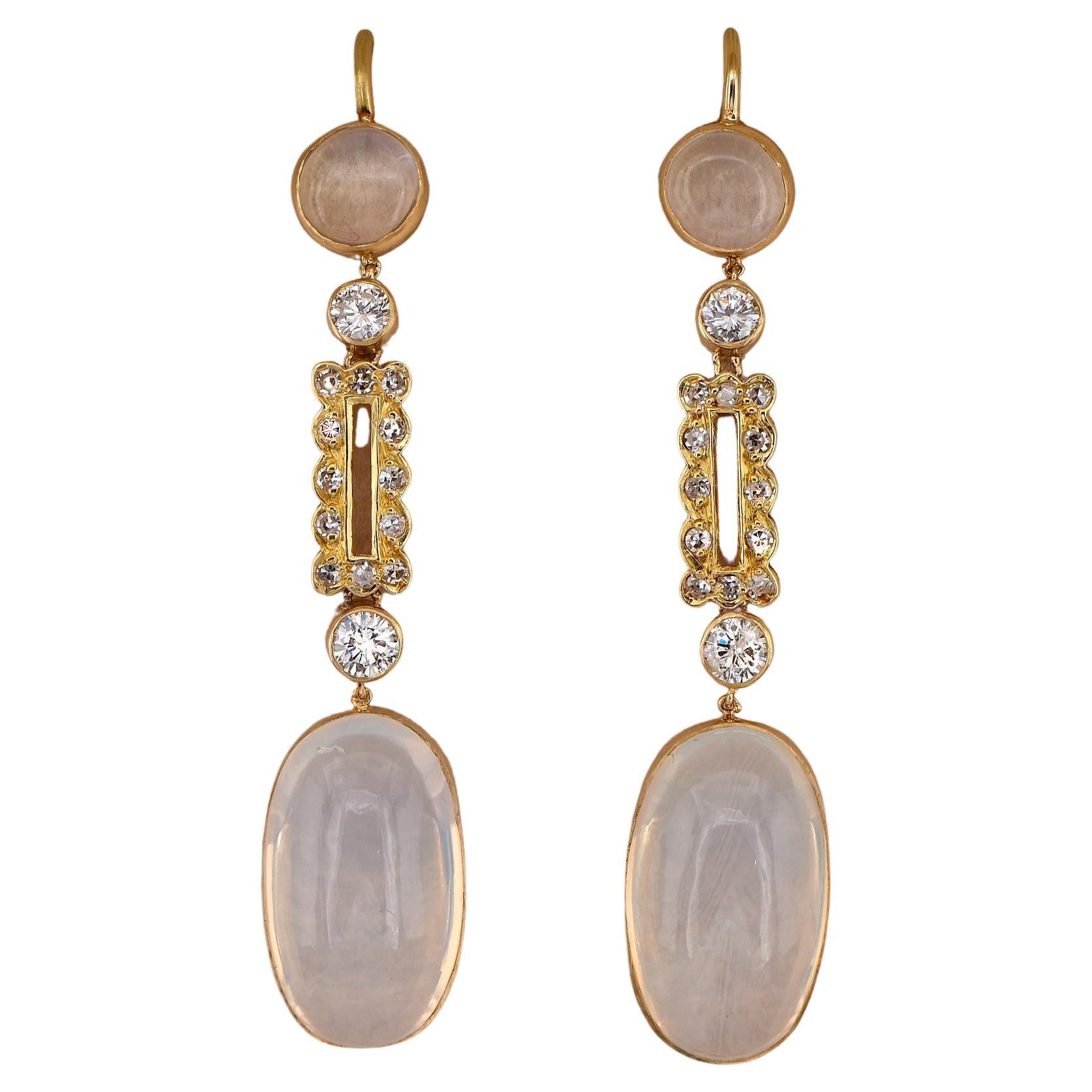 Art Deco 12.60 Ct. Moonstone Diamond Long Drop earrings For Sale