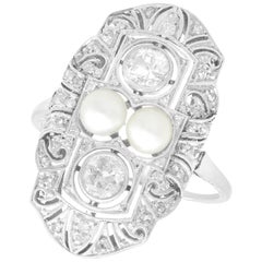 Art Deco 1.27 Carat Diamond and Pearl White Gold Cocktail Ring