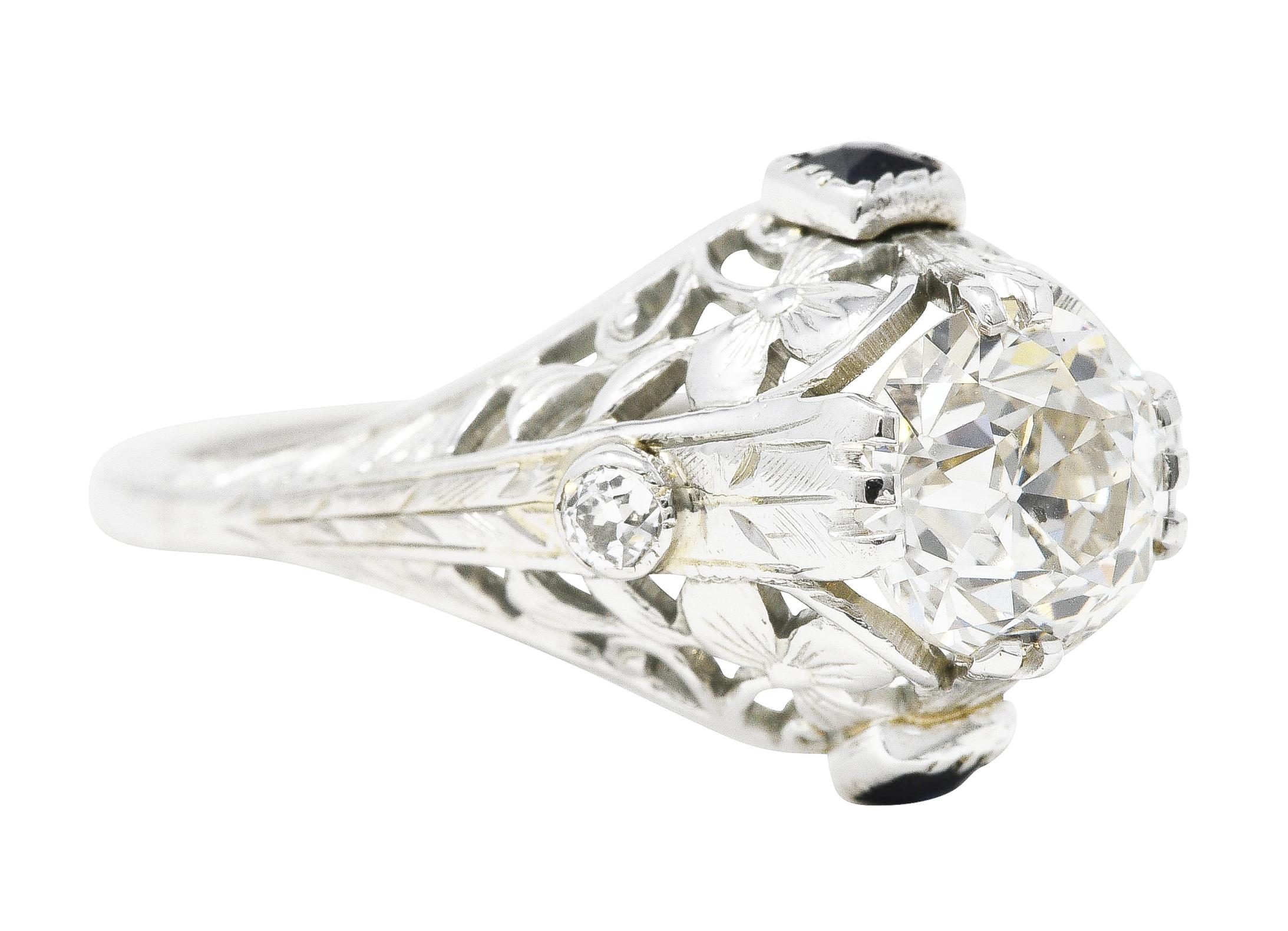 Old European Cut Art Deco 1.27 Carats Diamond Sapphire 18 Karat White Gold Engagement Ring