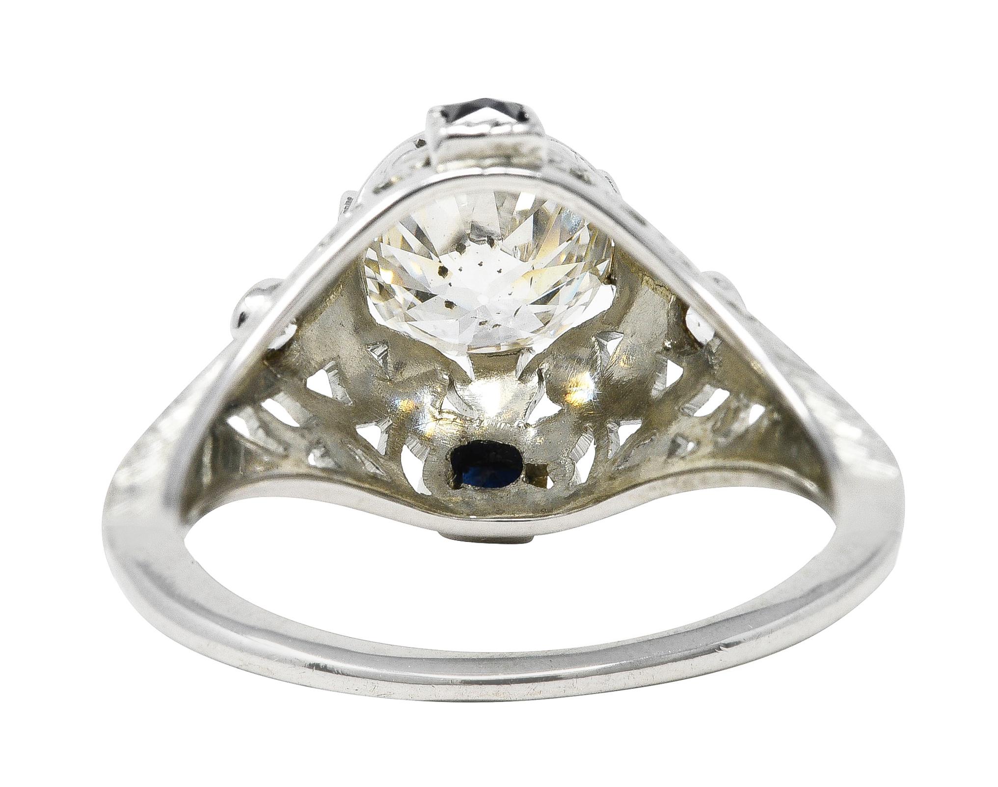 Women's or Men's Art Deco 1.27 Carats Diamond Sapphire 18 Karat White Gold Engagement Ring