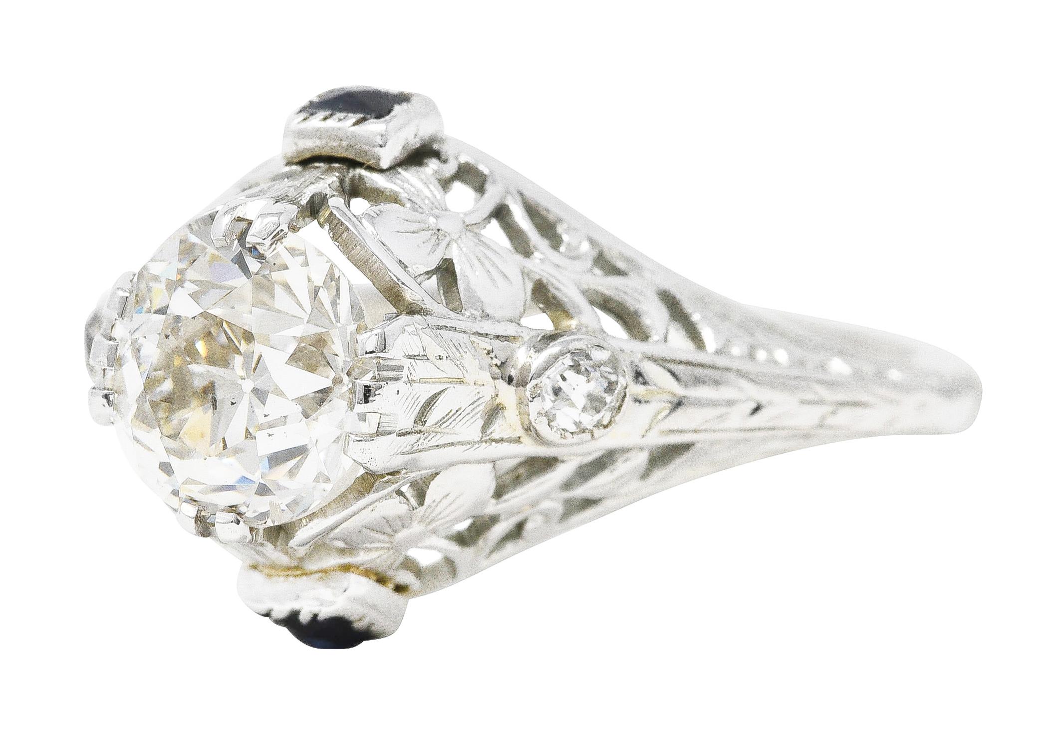Art Deco 1.27 Carats Diamond Sapphire 18 Karat White Gold Engagement Ring 2