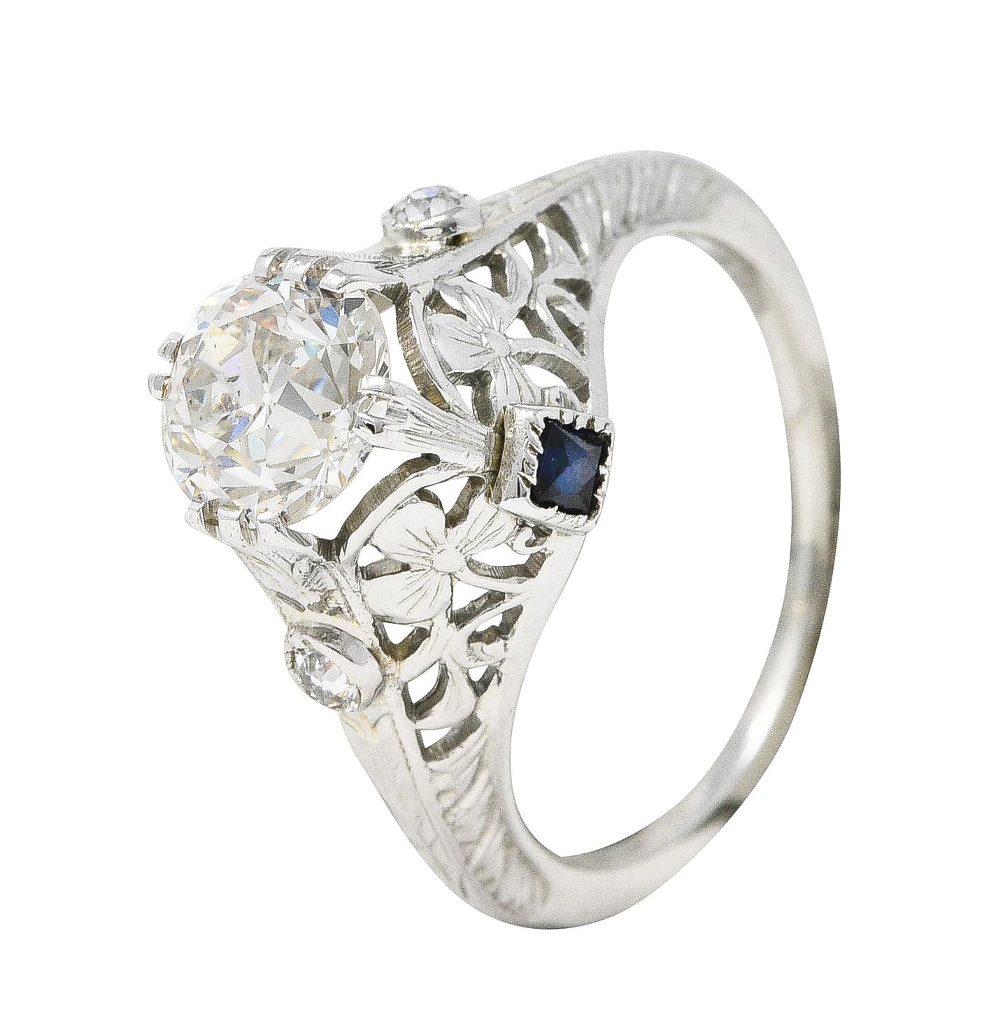 Art Deco 1.27 Carats Diamond Sapphire 18 Karat White Gold Engagement Ring 3