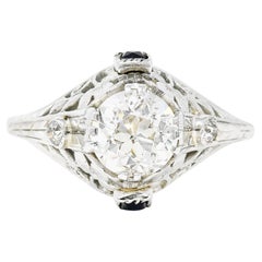 Art Deco 1.27 Carats Diamond Sapphire 18 Karat White Gold Engagement Ring