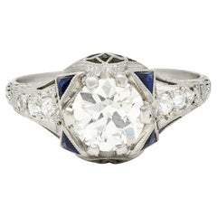 Art Deco 1.27 Carats Diamond Sapphire Platinum Lotus Foliate Engagement Ring