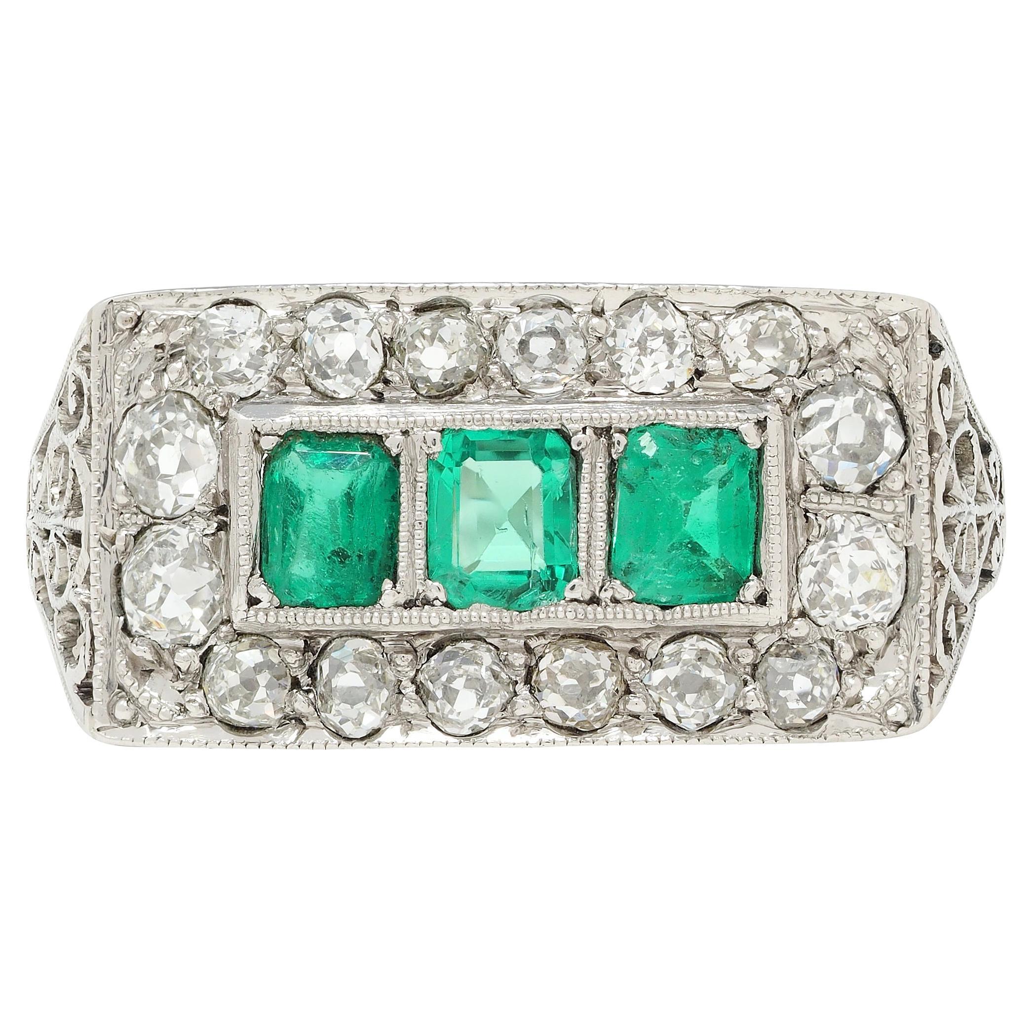 Art Deco 1.27 CTW Emerald Diamond Platinum Scrolling Antique Band Ring