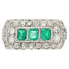 Art Deco 1.27 CTW Emerald Diamond Platinum Scrolling Antique Band Ring