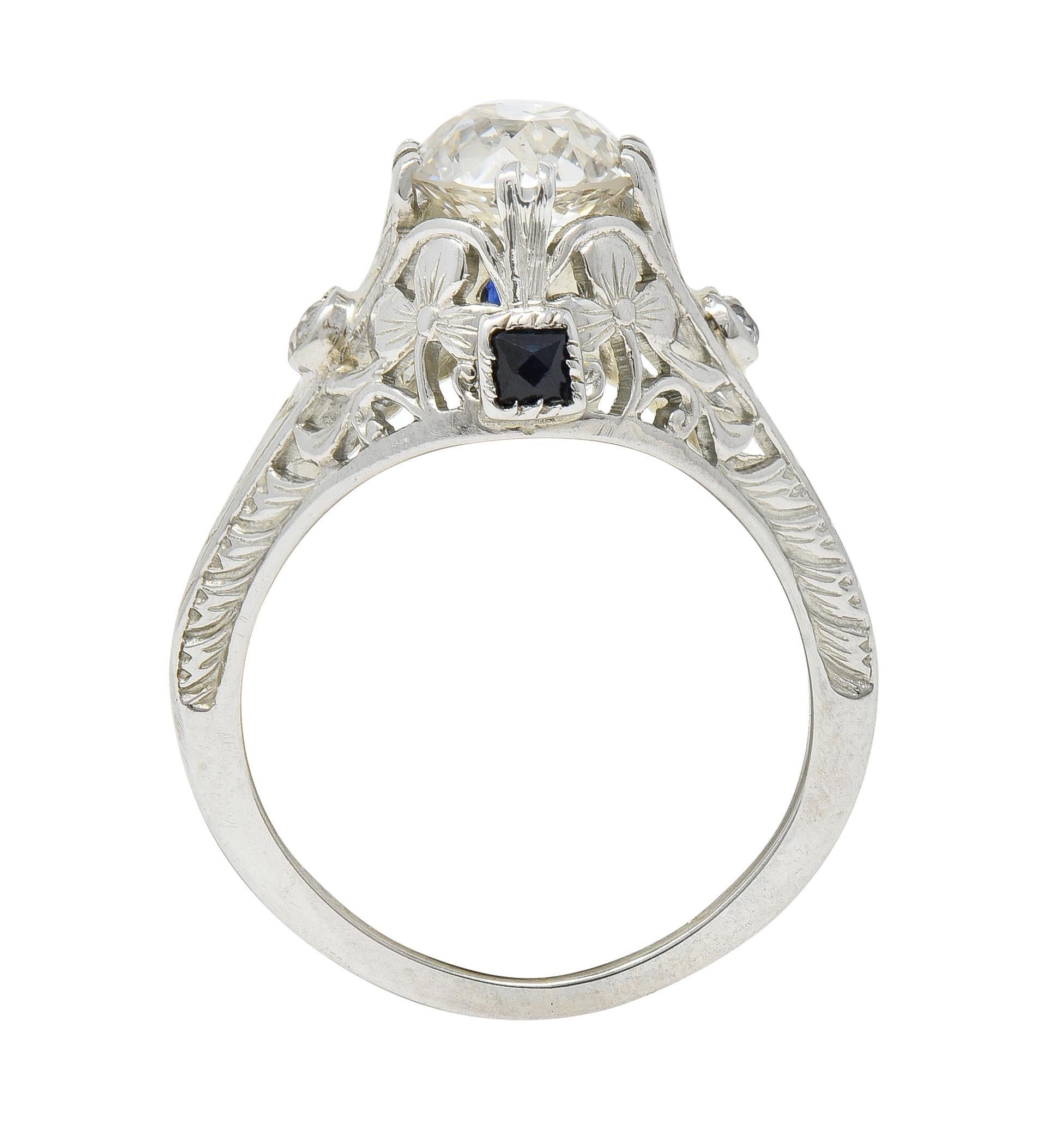 Art Deco 1.27 CTW European Diamond Sapphire 18 Karat White Gold Engagement Ring For Sale 5