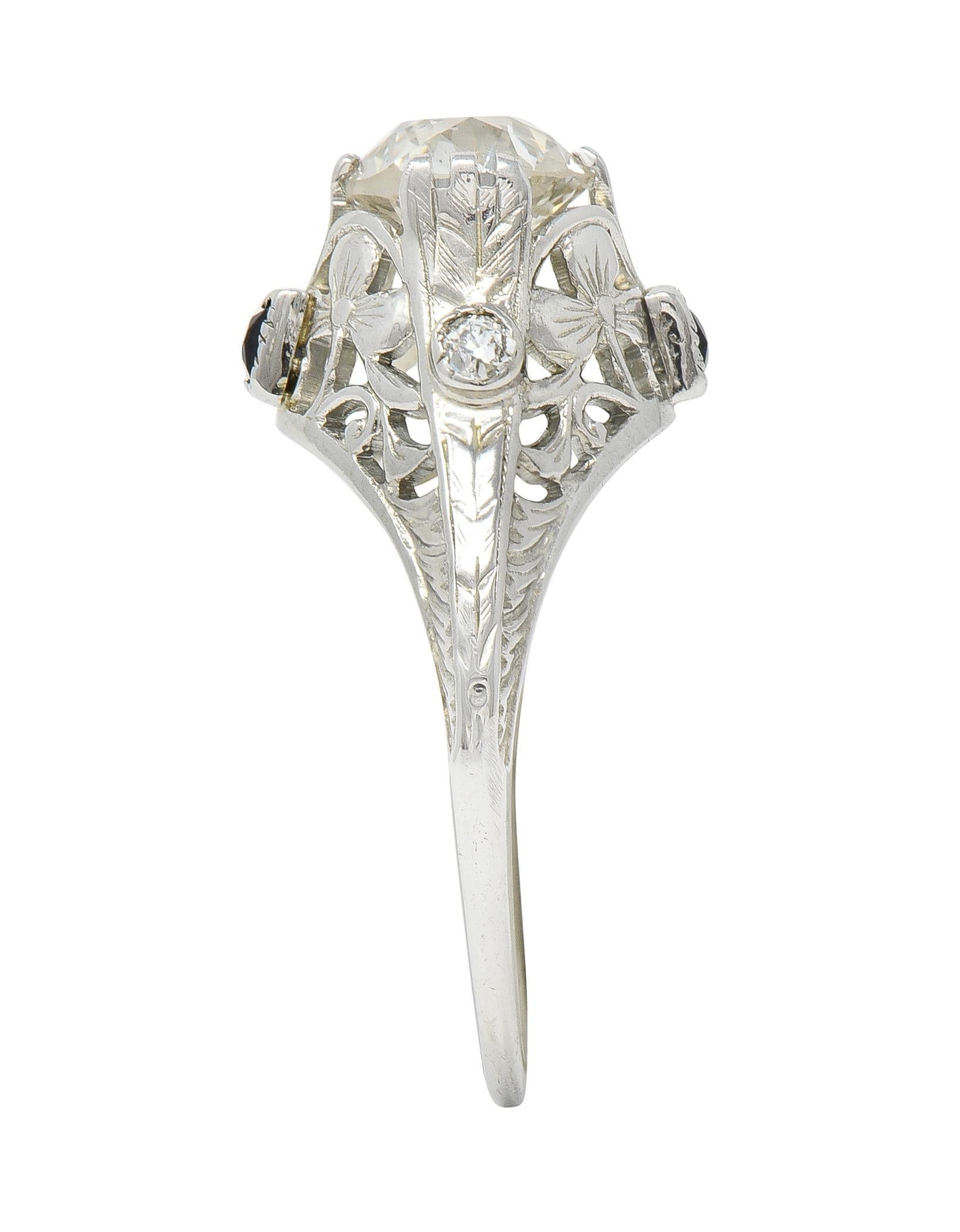 Art Deco 1.27 CTW European Diamond Sapphire 18 Karat White Gold Engagement Ring For Sale 6