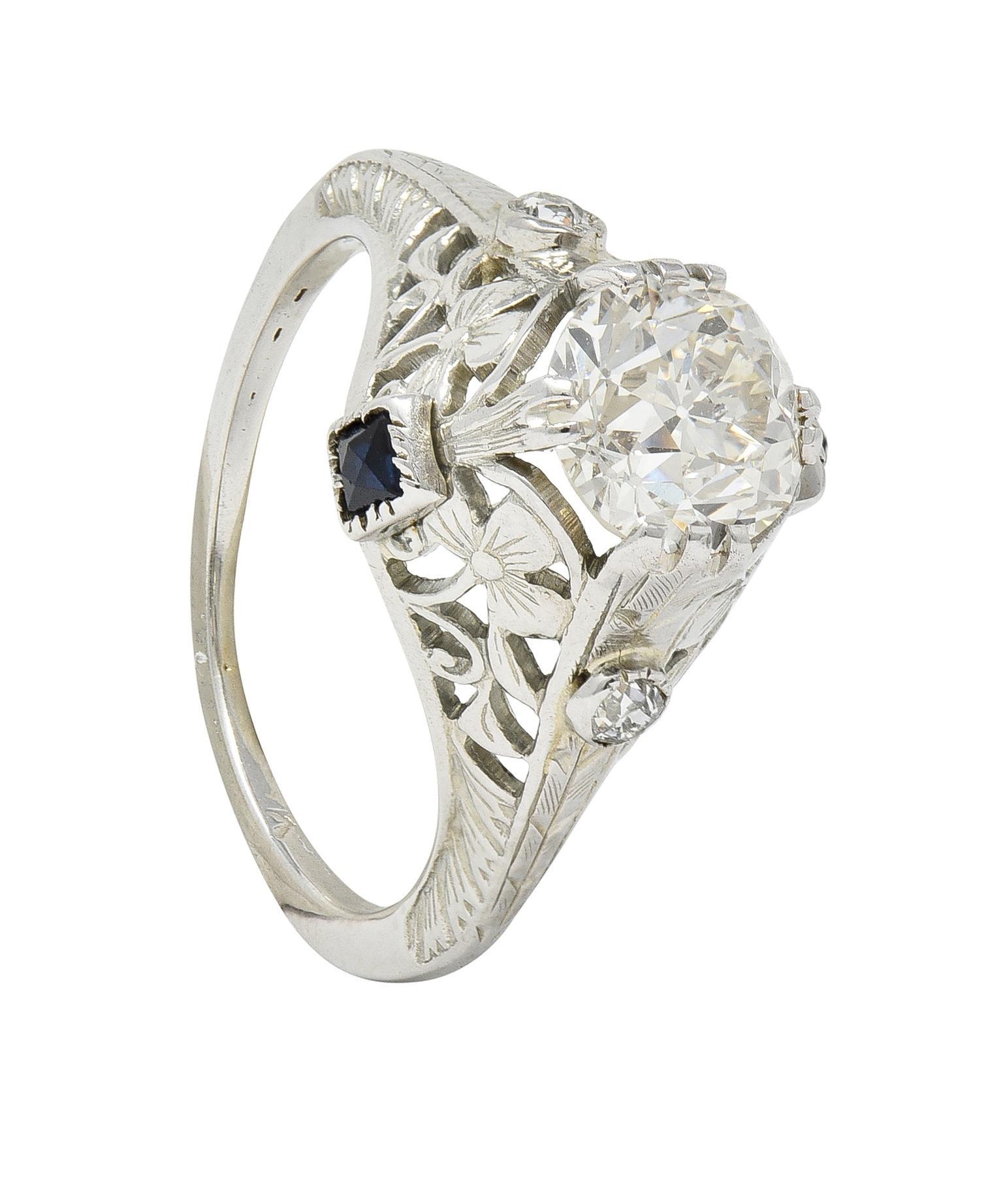 Art Deco 1.27 CTW European Diamond Sapphire 18 Karat White Gold Engagement Ring For Sale 7