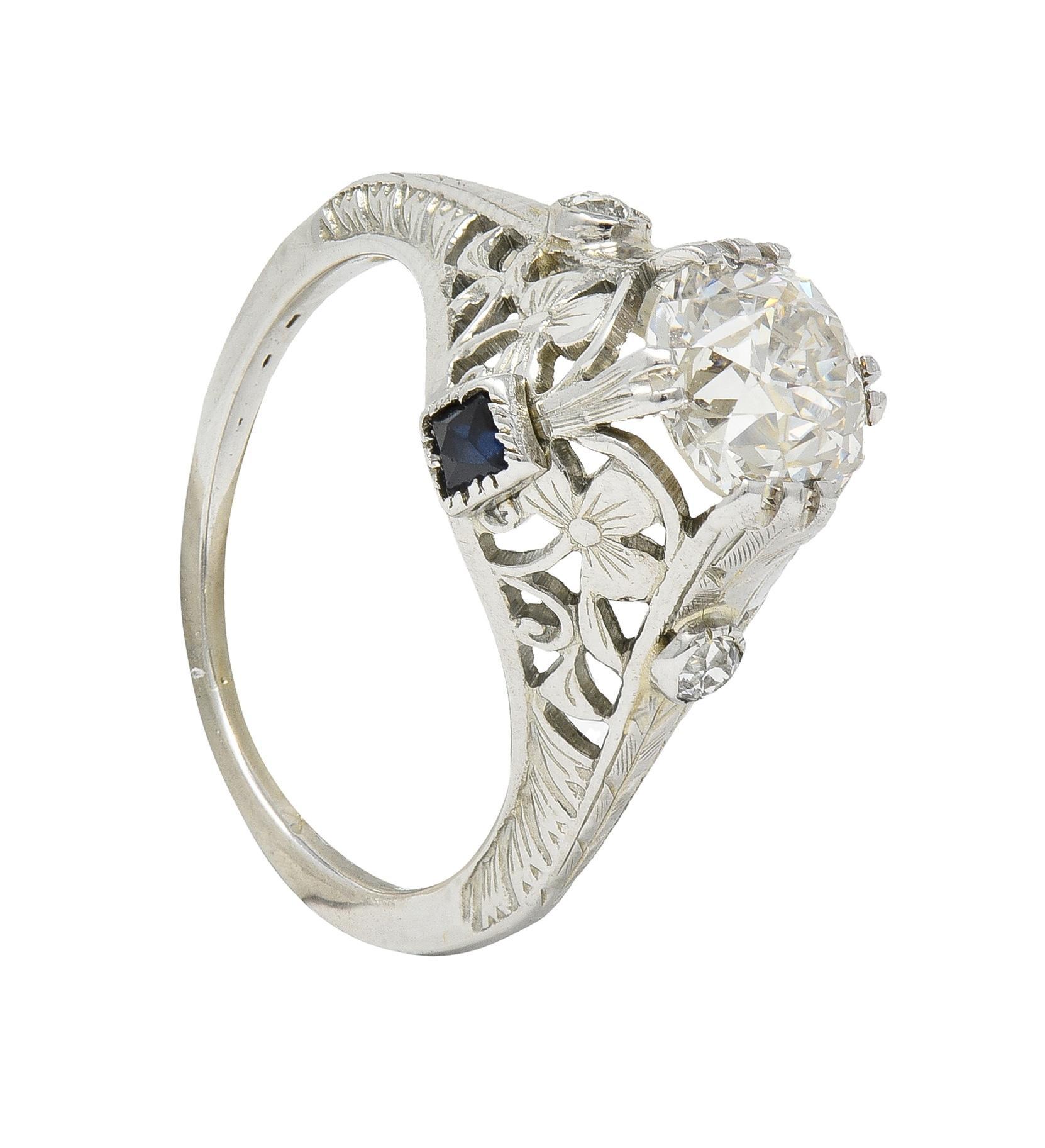 Art Deco 1.27 CTW European Diamond Sapphire 18 Karat White Gold Engagement Ring For Sale 8