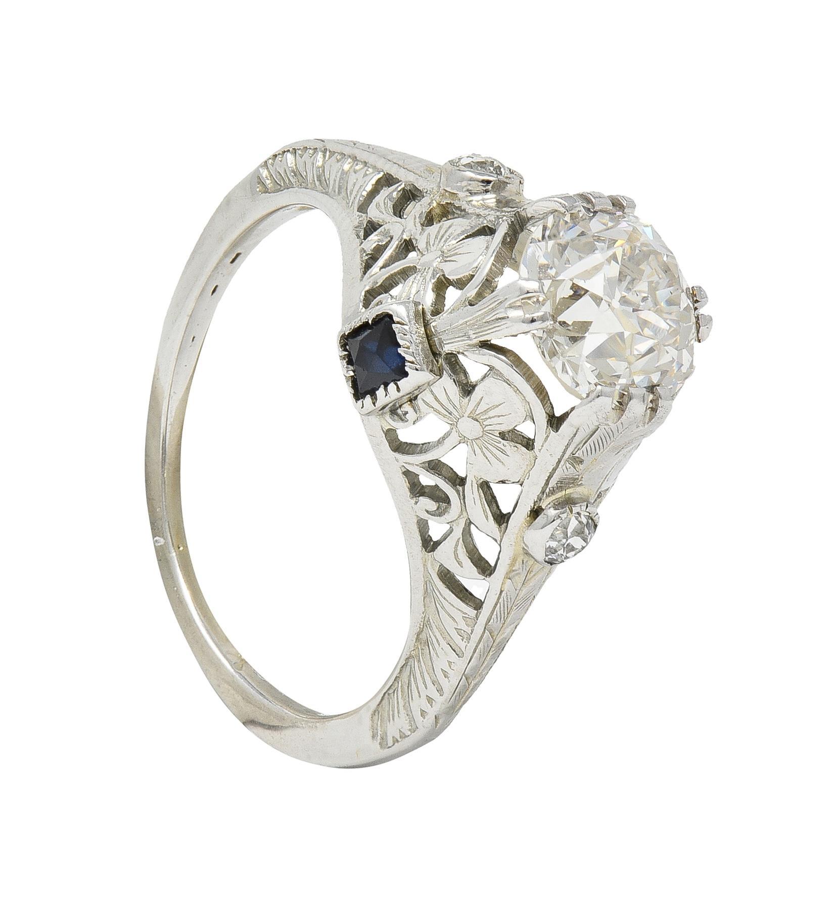 Bague de fiançailles Art déco en or blanc 18 carats avec diamants européens de 1,27 ct. pt. et saphirs en vente 8