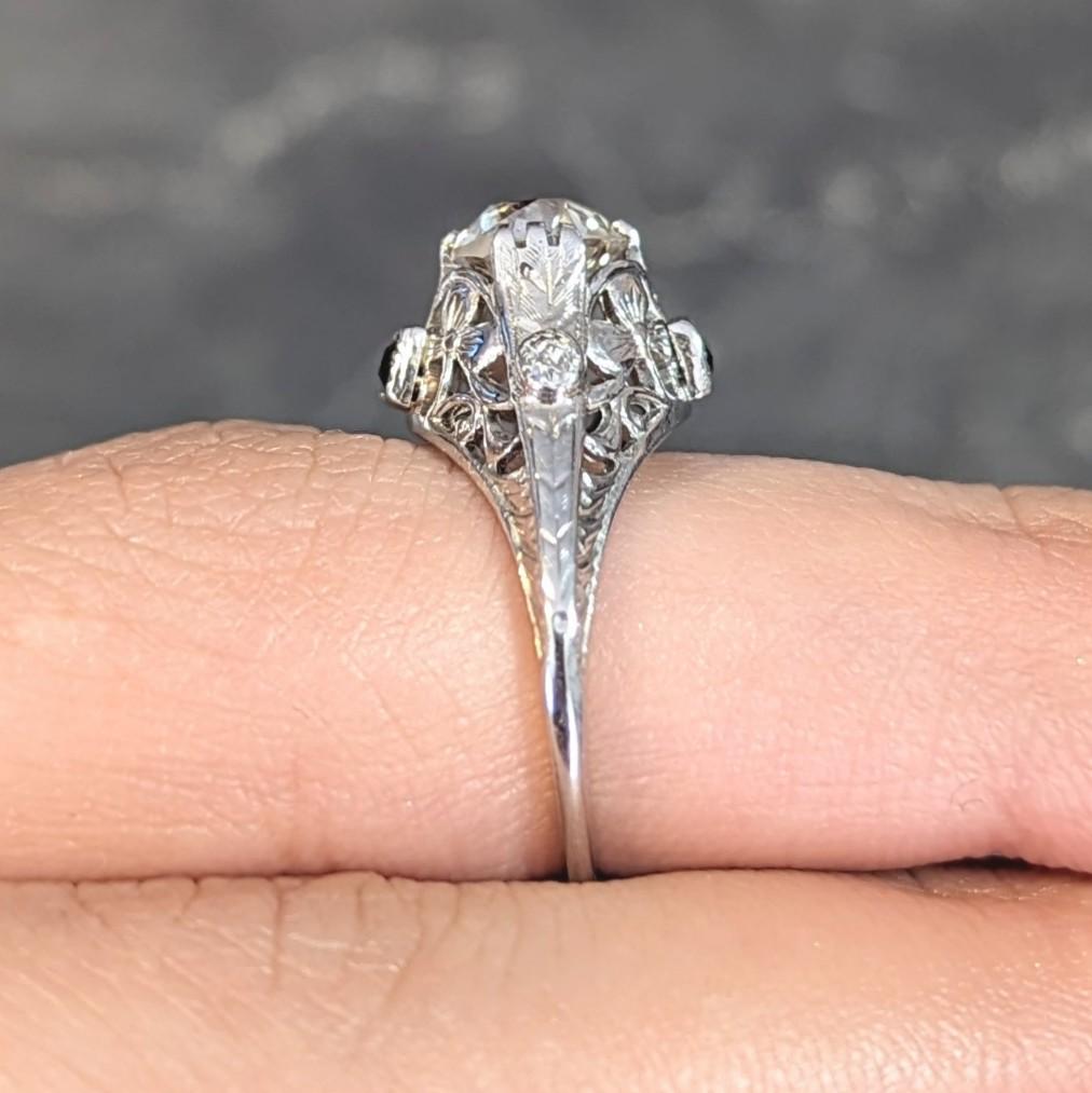 Art Deco 1.27 CTW European Diamond Sapphire 18 Karat White Gold Engagement Ring For Sale 9