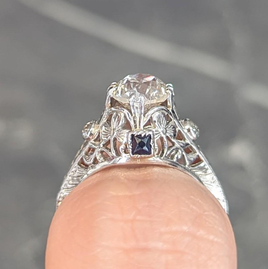 Art Deco 1.27 CTW European Diamond Sapphire 18 Karat White Gold Engagement Ring For Sale 10