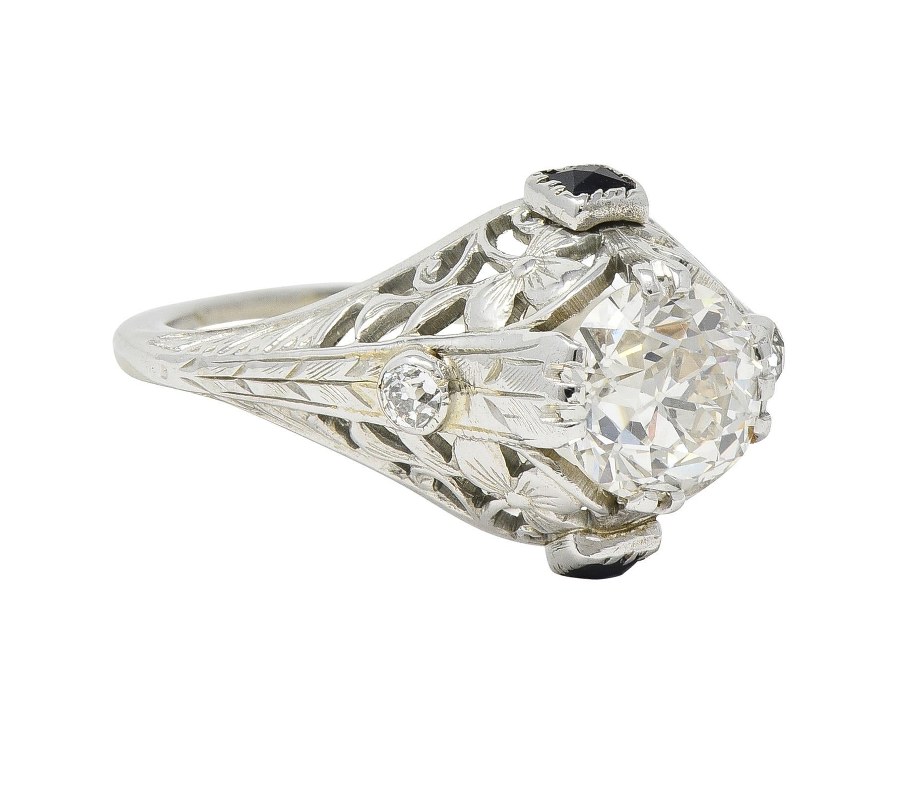 Old European Cut Art Deco 1.27 CTW European Diamond Sapphire 18 Karat White Gold Engagement Ring For Sale