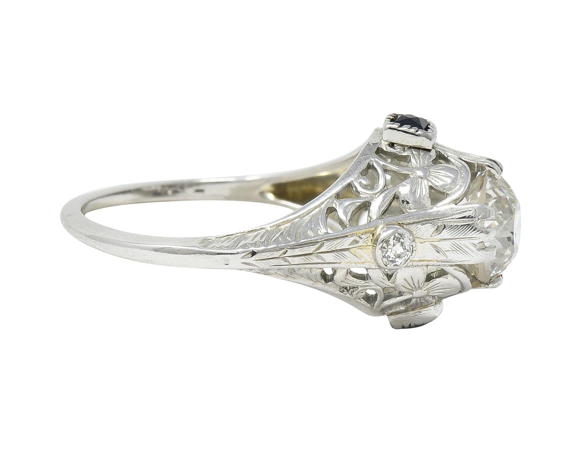 Art Deco 1.27 CTW European Diamond Sapphire 18 Karat White Gold Engagement Ring In Excellent Condition For Sale In Philadelphia, PA