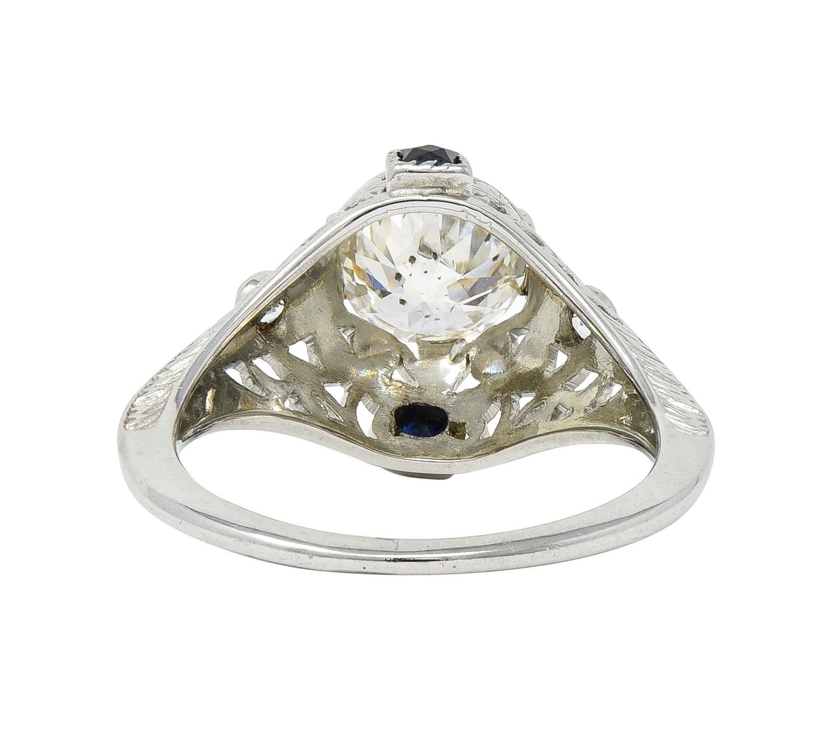 Women's or Men's Art Deco 1.27 CTW European Diamond Sapphire 18 Karat White Gold Engagement Ring For Sale