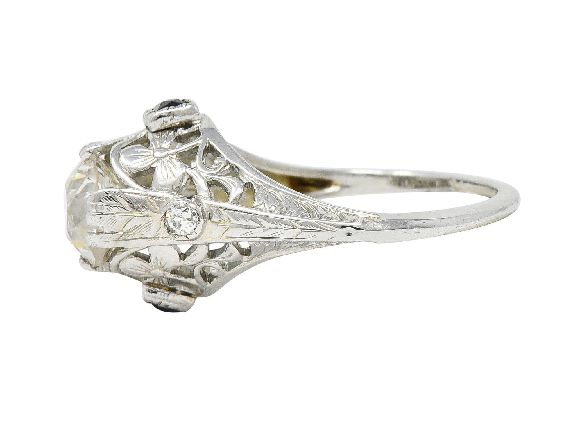 Art Deco 1.27 CTW European Diamond Sapphire 18 Karat White Gold Engagement Ring For Sale 1