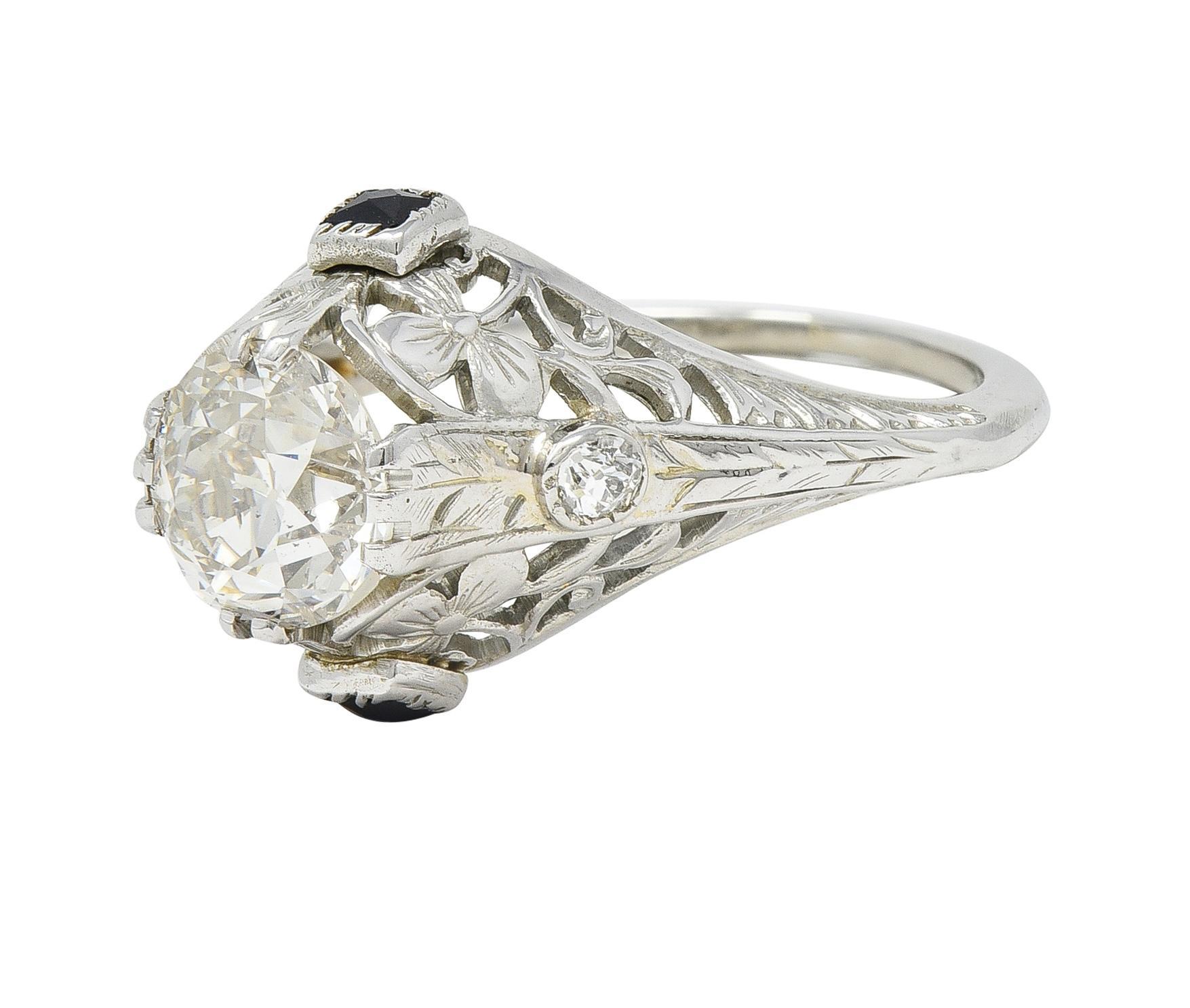 Art Deco 1.27 CTW European Diamond Sapphire 18 Karat White Gold Engagement Ring For Sale 2