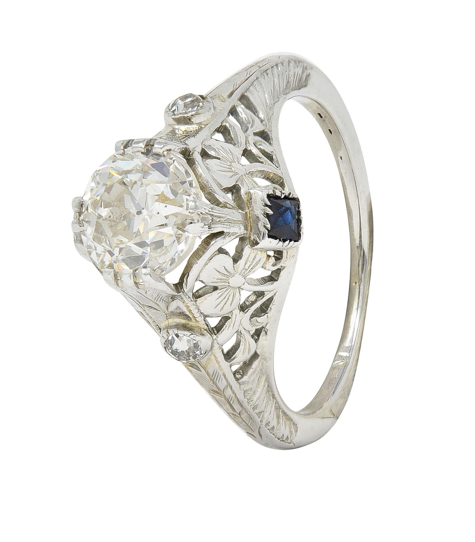 Art Deco 1.27 CTW European Diamond Sapphire 18 Karat White Gold Engagement Ring For Sale 4