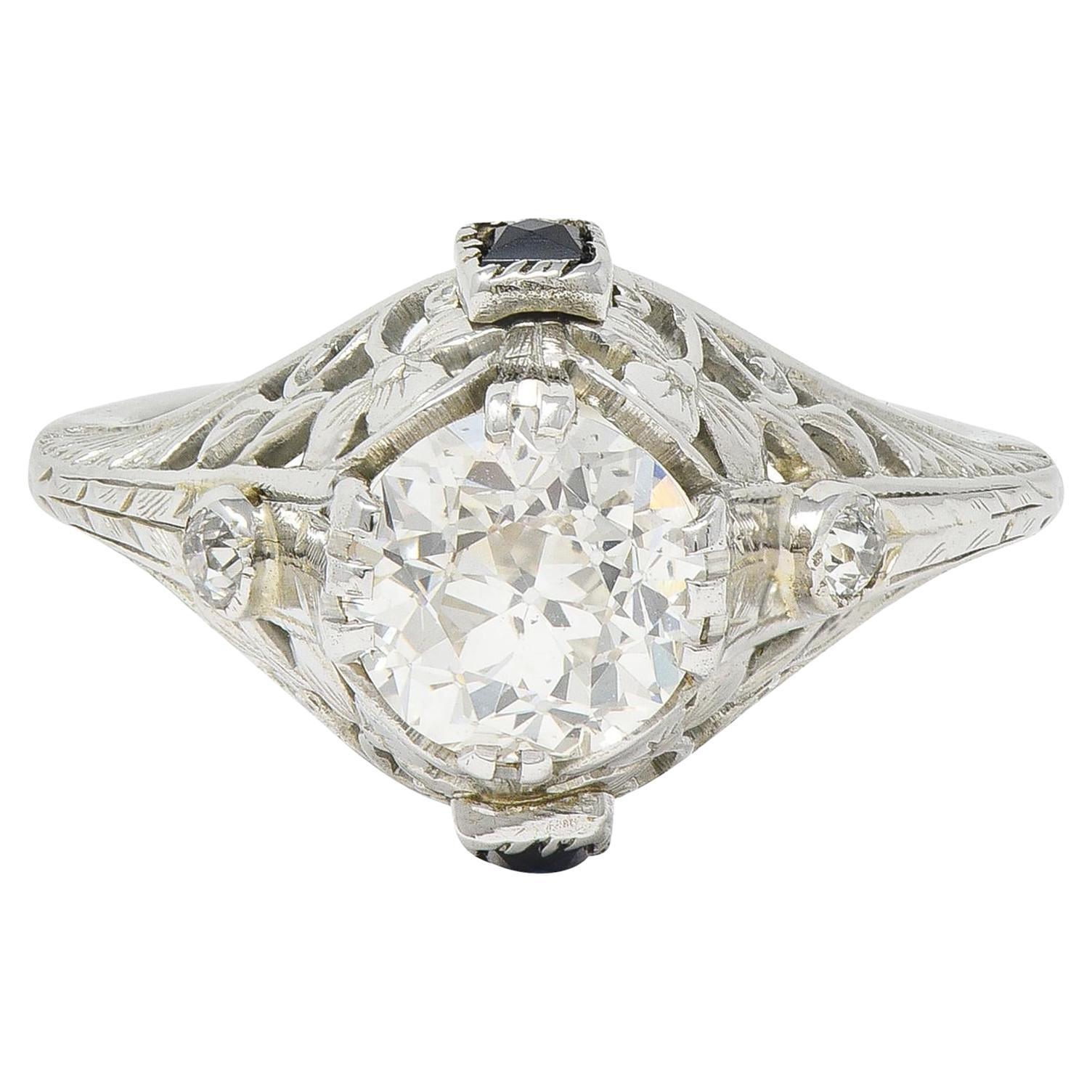 Art Deco 1.27 CTW European Diamond Sapphire 18 Karat White Gold Engagement Ring For Sale