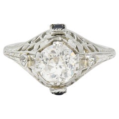 Vintage Art Deco 1.27 CTW European Diamond Sapphire 18 Karat White Gold Engagement Ring