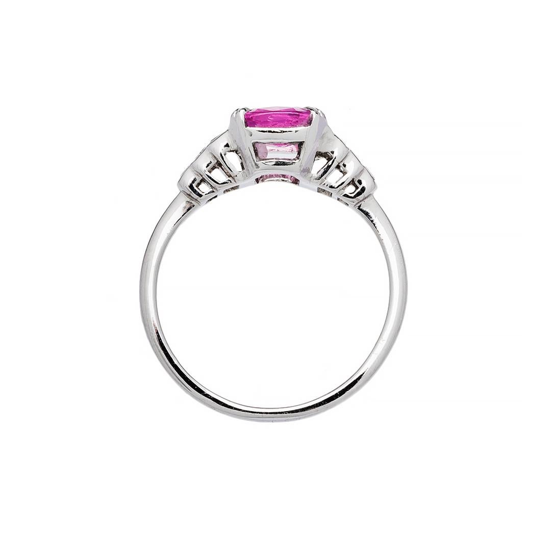 Cushion Cut Art Deco 1.28 Carat Unheated Burma Pink Sapphire and Diamond Engagement Ring For Sale