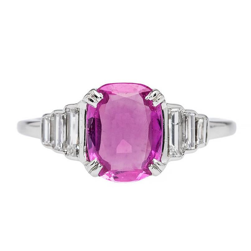 Art Deco 1.28 Carat Unheated Burma Pink Sapphire and Diamond Engagement Ring For Sale