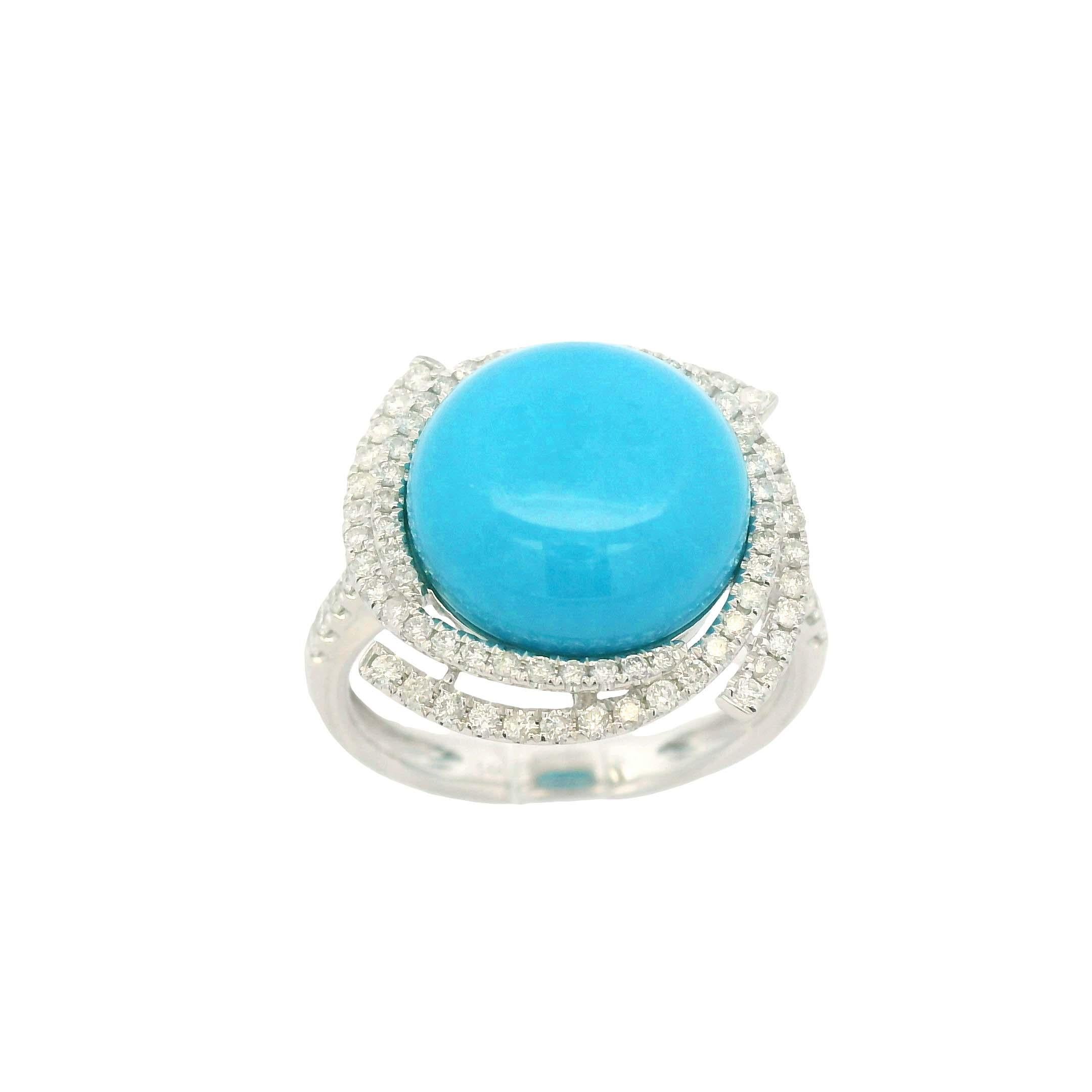 Art Deco 12mm Dornröschen Türkis Diamant Ring in 14K Weißgold im Angebot 1