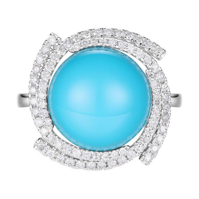 14K White Gold Sleeping Beauty Turquoise Diamond Ring, 0.52ct Halo