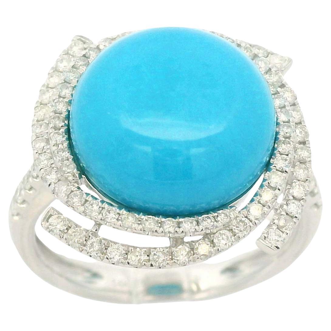 Art Deco 12mm Sleeping Beauty Turquoise Diamond Ring in 14K White Gold
