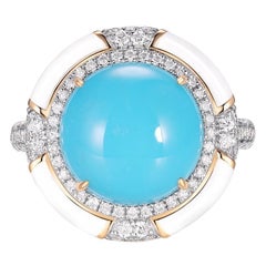 Art Deco 12mm Turquoise Enamel Diamond Art Deco Style Ring in 14K Yellow Gold