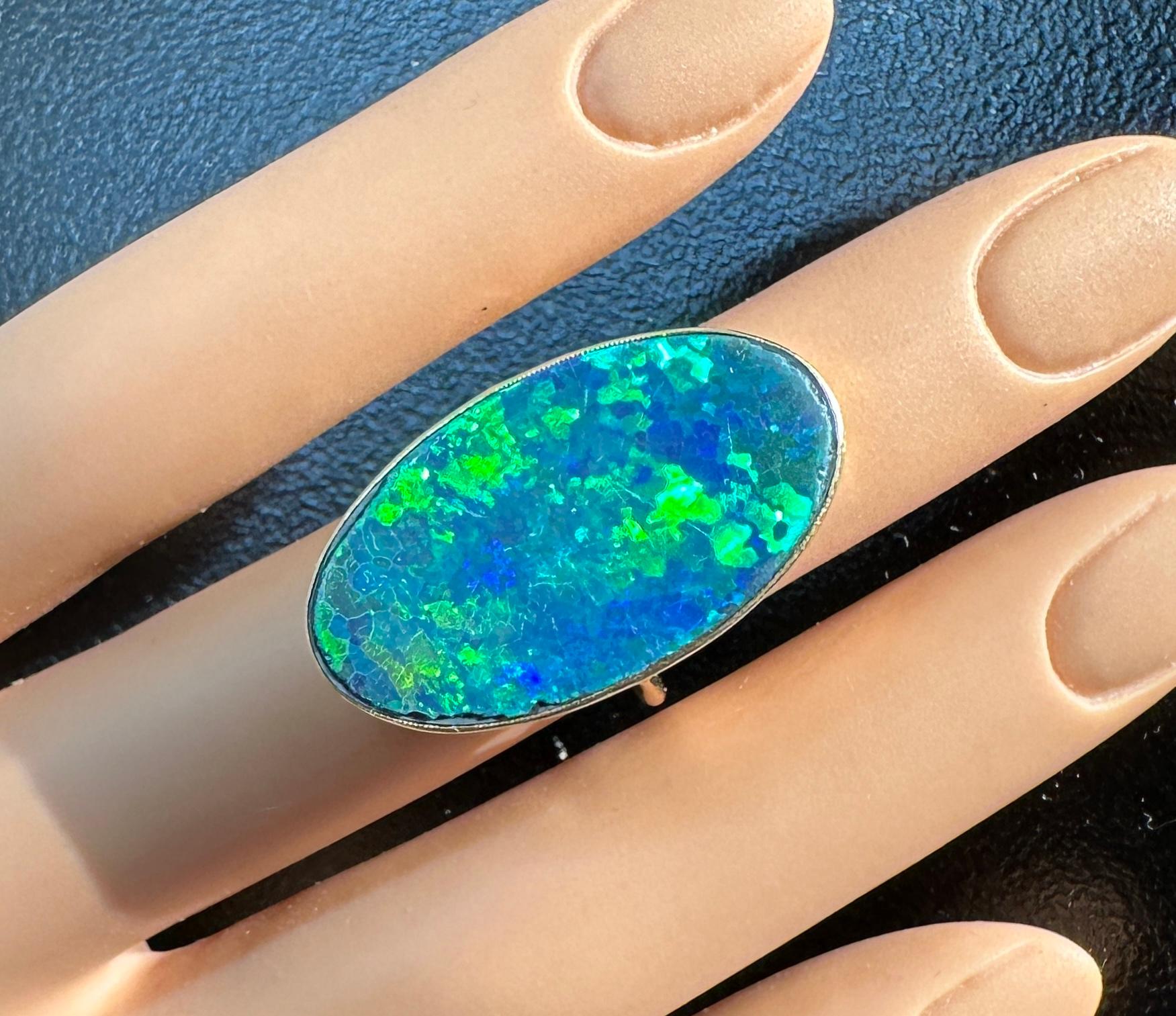Cabochon Art Deco 13 Carat Black Opal Ring 14 Karat Gold Antique Cocktail Statement Ring For Sale