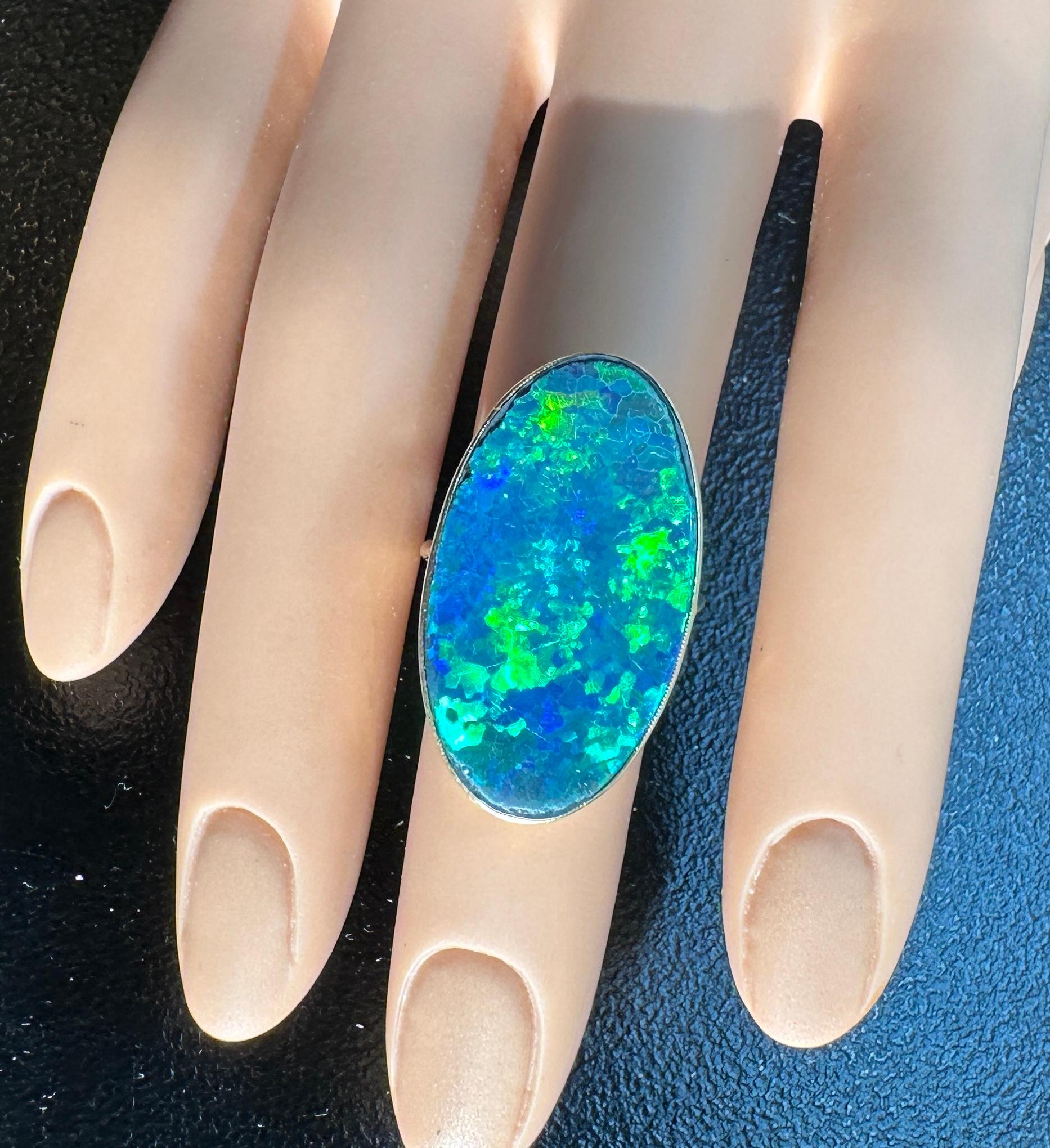 Art Deco 13 Carat Black Opal Ring 14 Karat Gold Antique Cocktail Statement Ring In Excellent Condition For Sale In New York, NY