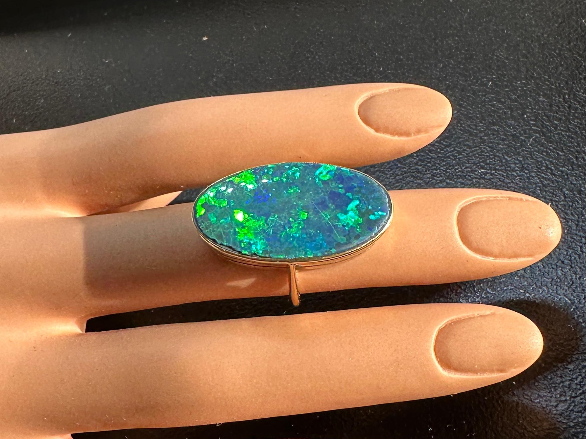 Art Deco 13 Carat Black Opal Ring 14 Karat Gold Antique Cocktail Statement Ring For Sale 3