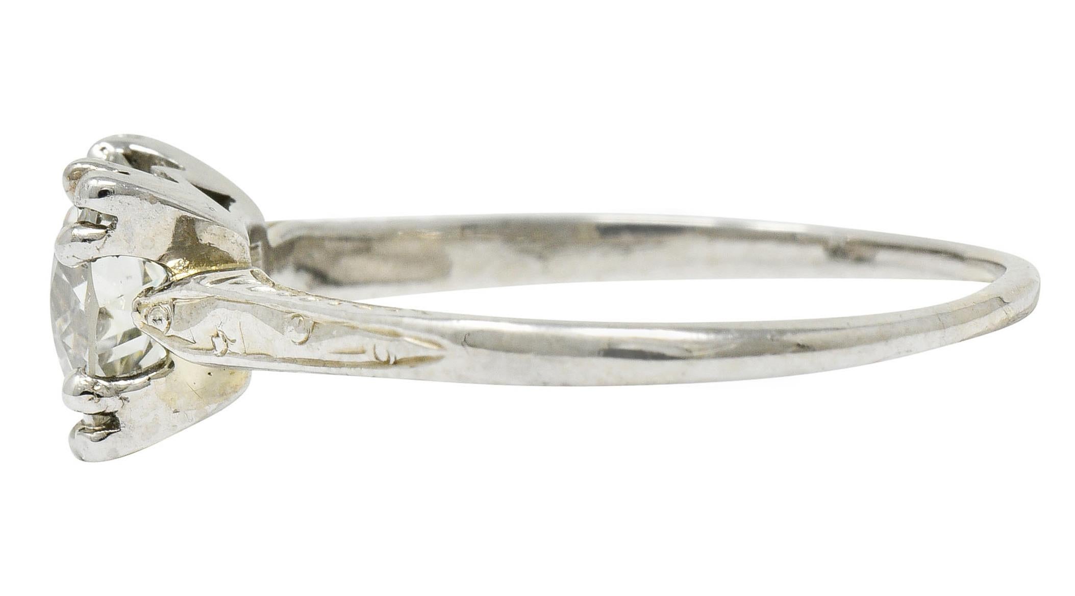 Women's or Men's Art Deco 1.30 Carat Diamond 20 Karat White Gold Engagement Ring GIA