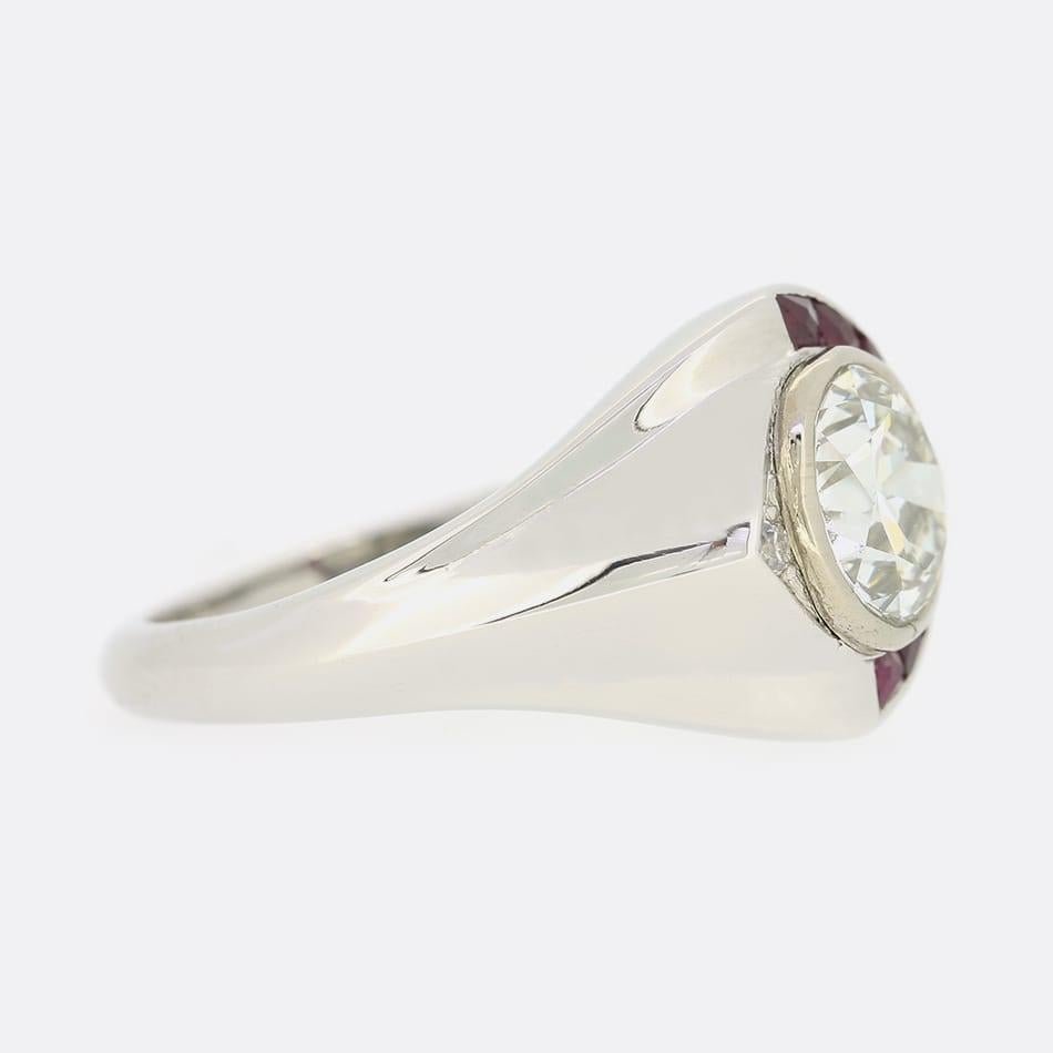 Old European Cut Art Deco 1.30 Carat Diamond and Ruby Ring For Sale