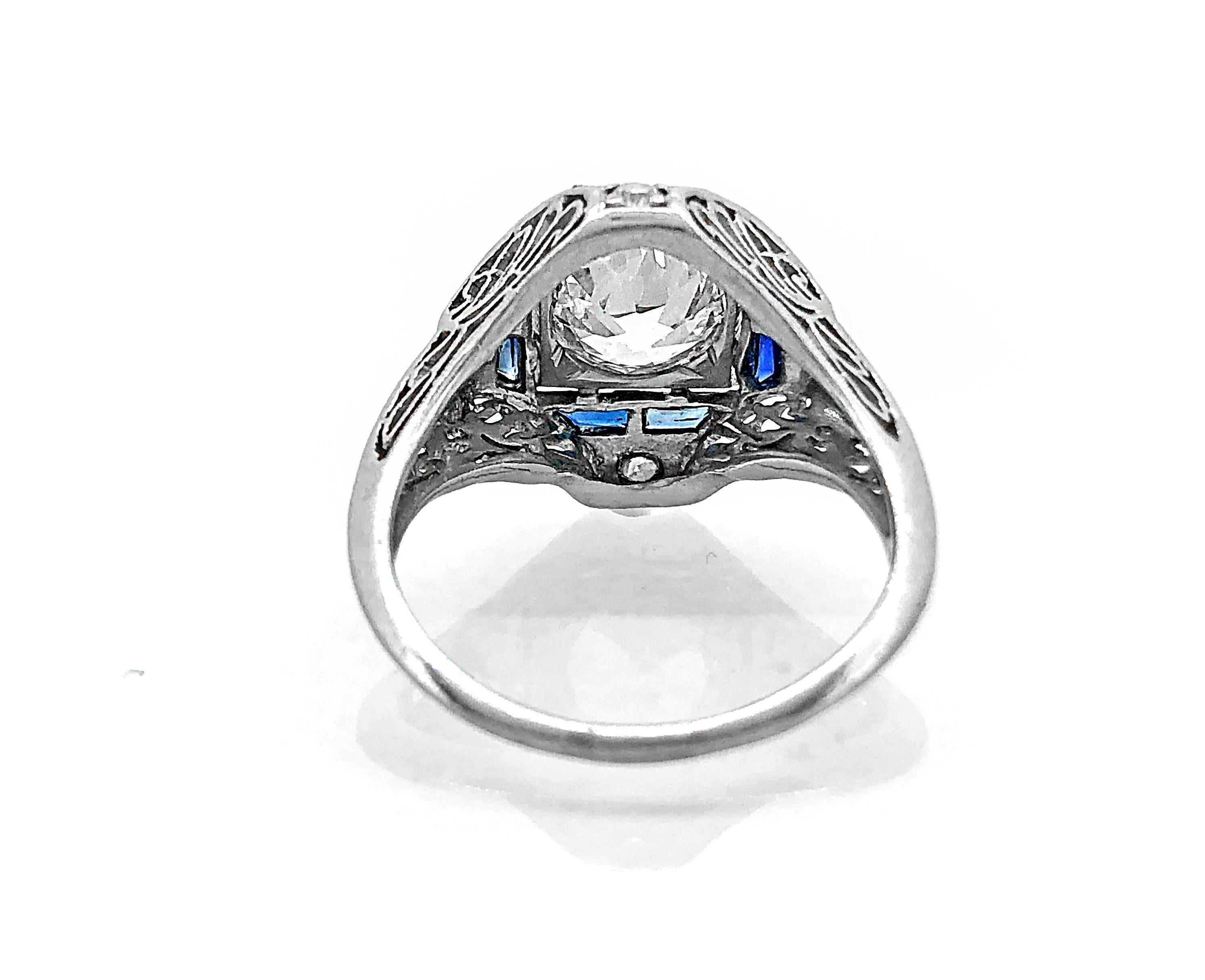Old European Cut Art Deco 1.30 Carat Diamond Sapphire Antique Engagement Ring Platinum For Sale