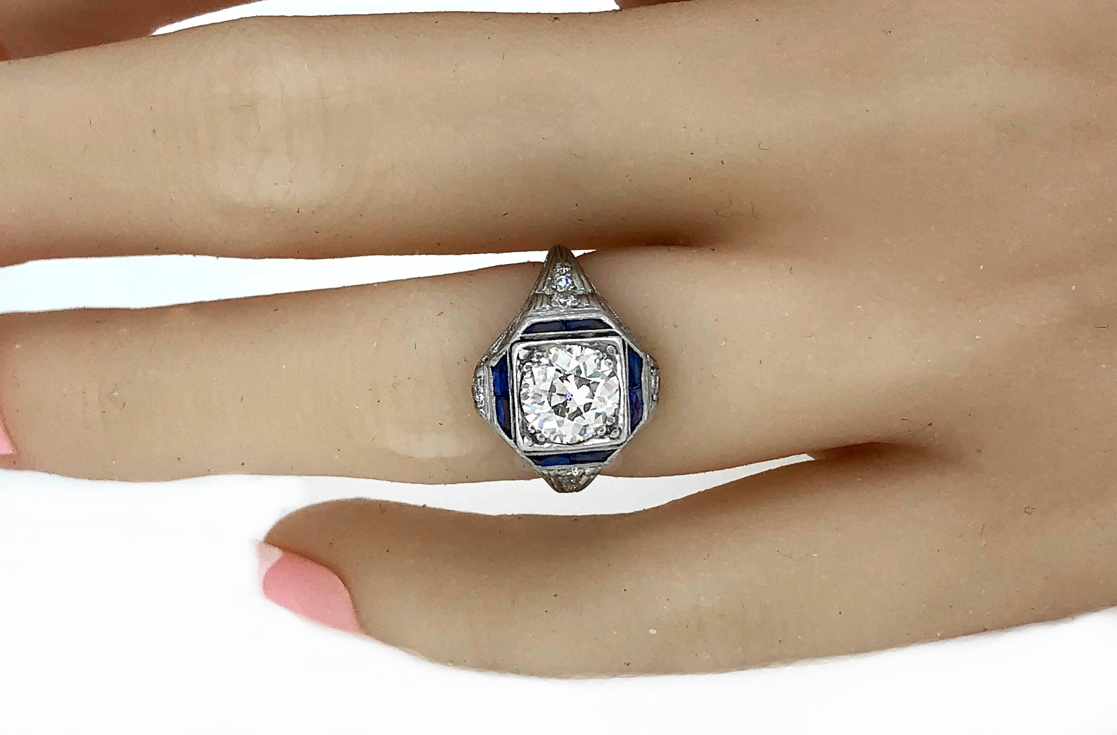 Women's Art Deco 1.30 Carat Diamond Sapphire Antique Engagement Ring Platinum For Sale