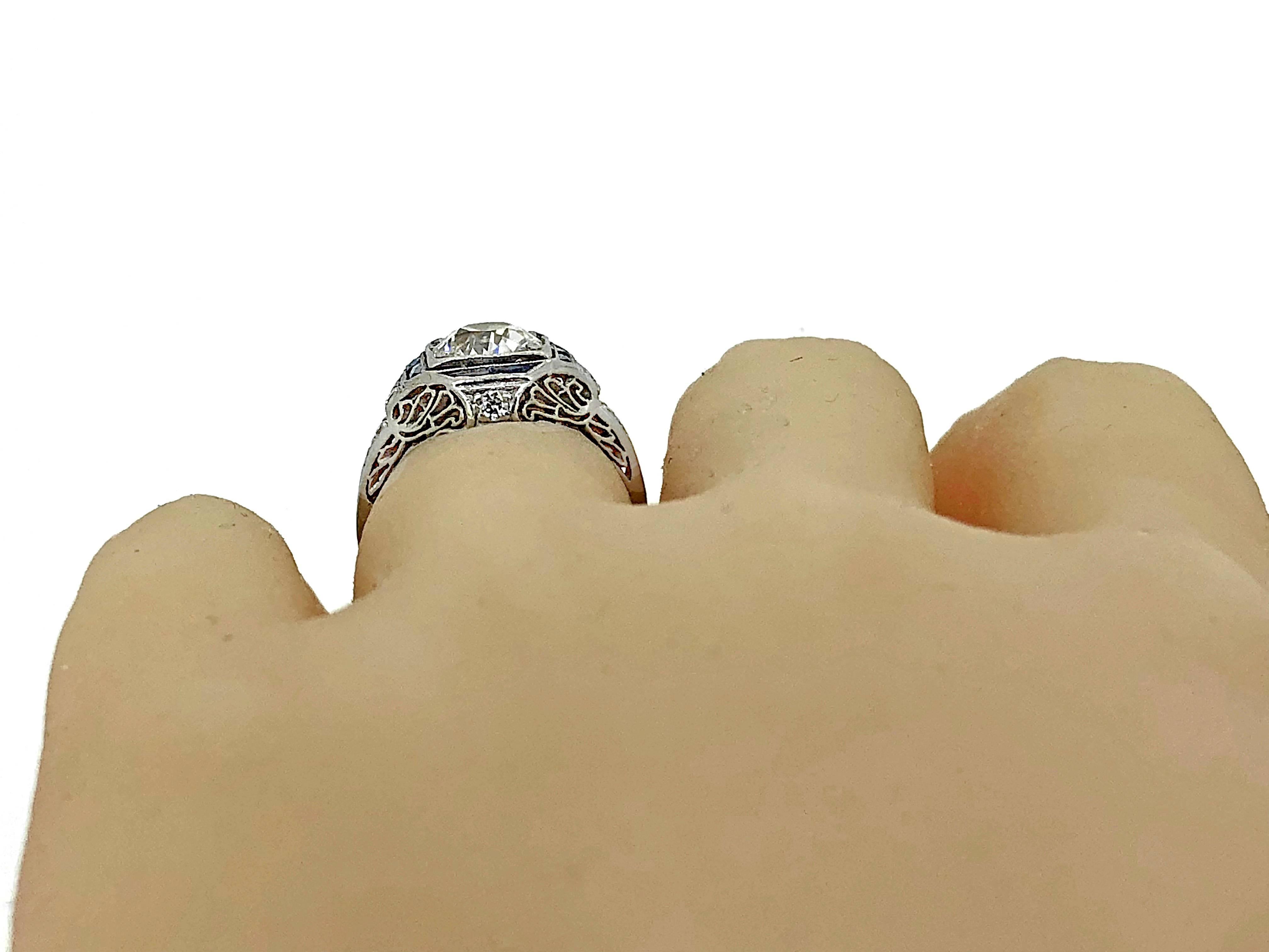 Art Deco 1.30 Carat Diamond Sapphire Antique Engagement Ring Platinum For Sale 1