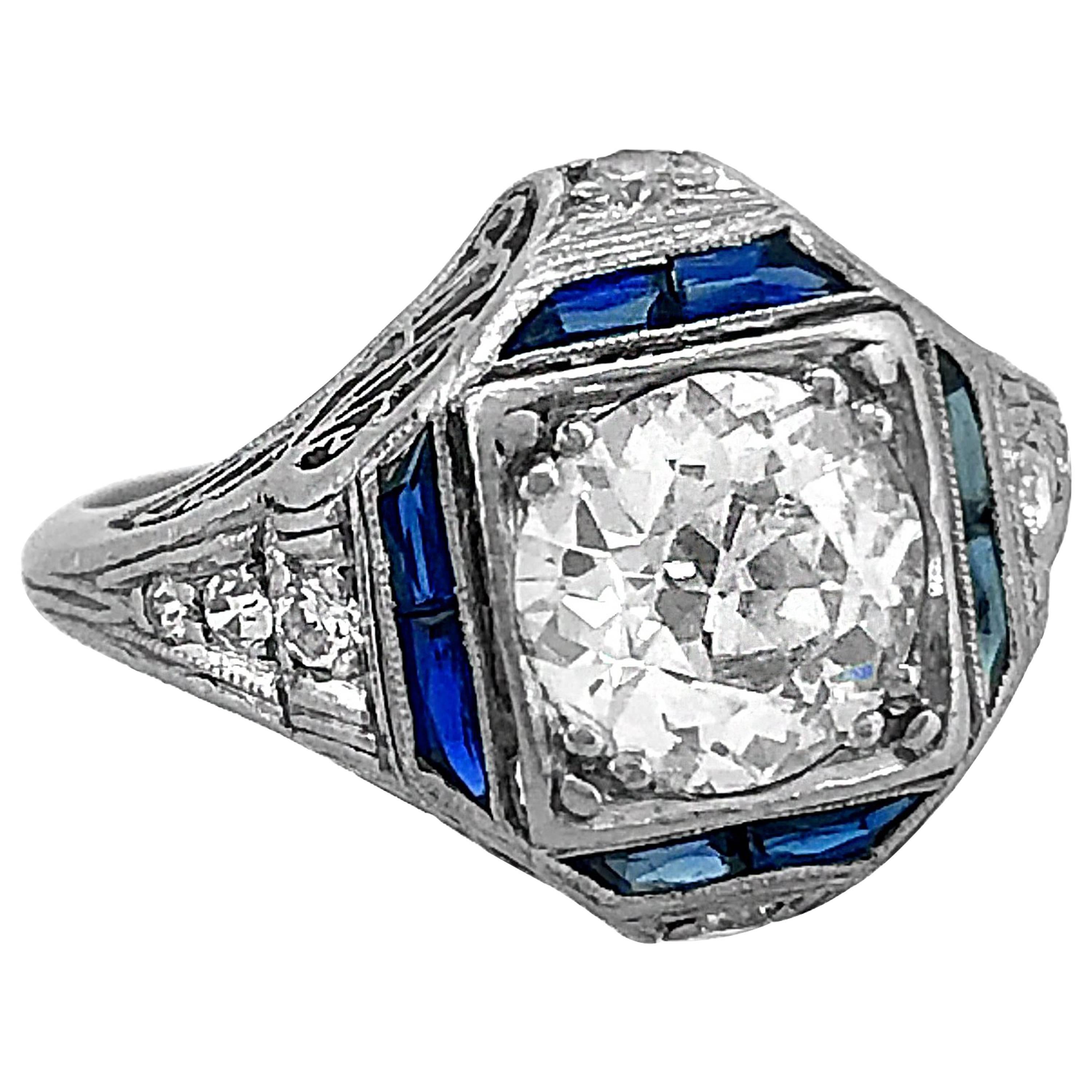 Art Deco 1.30 Carat Diamond Sapphire Antique Engagement Ring Platinum For Sale