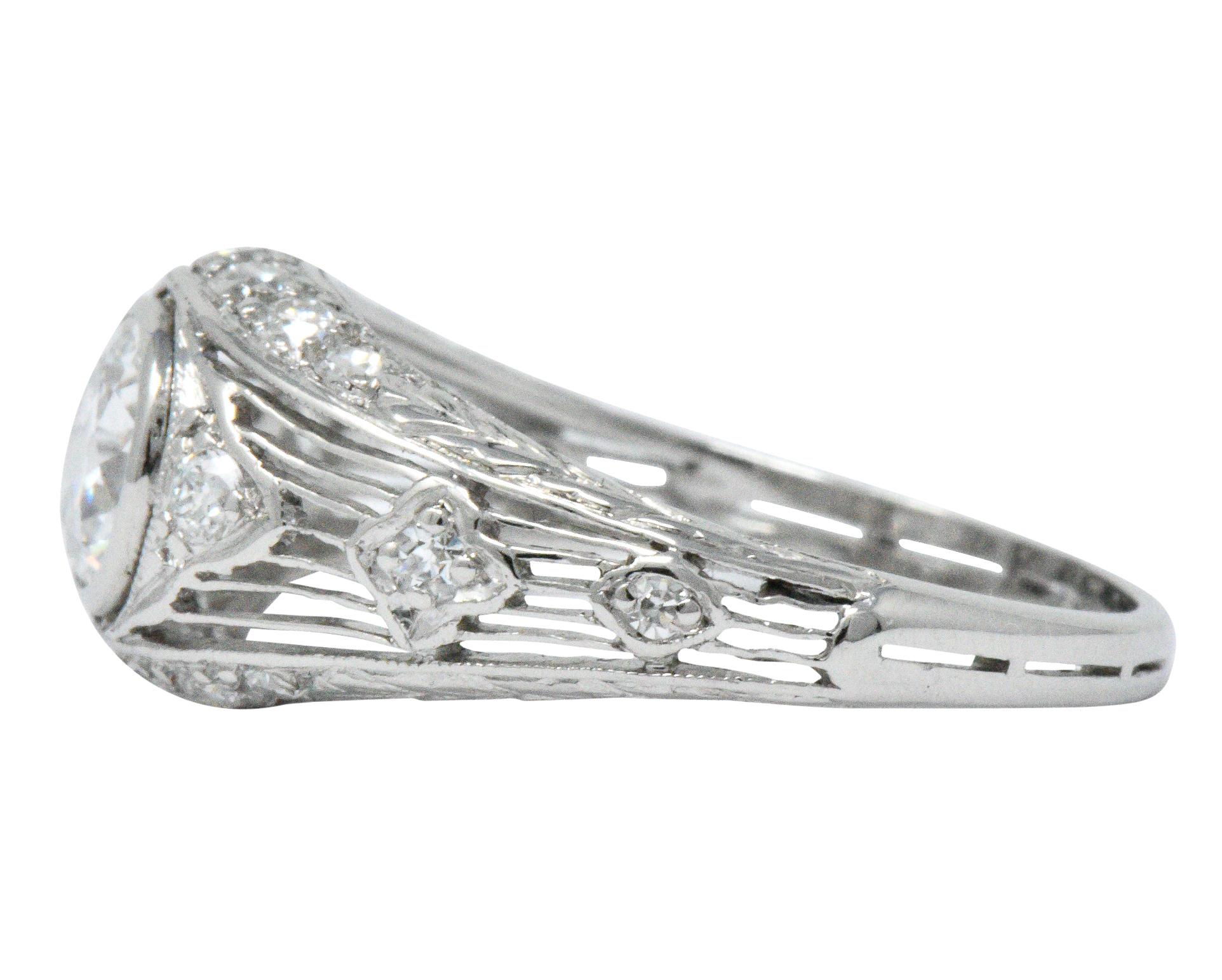 Art Deco 1.30 Carat Old European Cut Diamond Platinum Engagement Ring In Excellent Condition In Philadelphia, PA