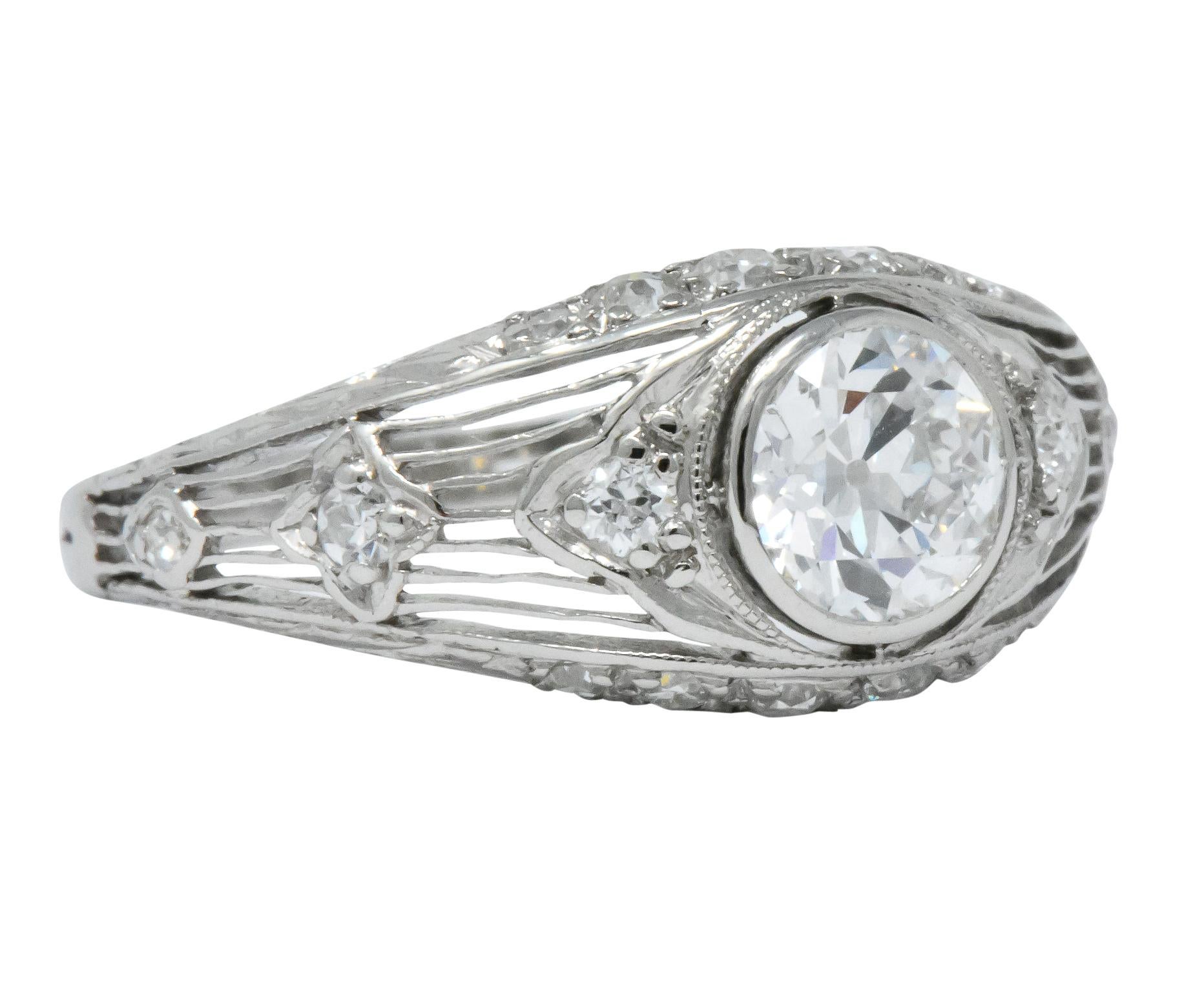 Women's or Men's Art Deco 1.30 Carat Old European Cut Diamond Platinum Engagement Ring