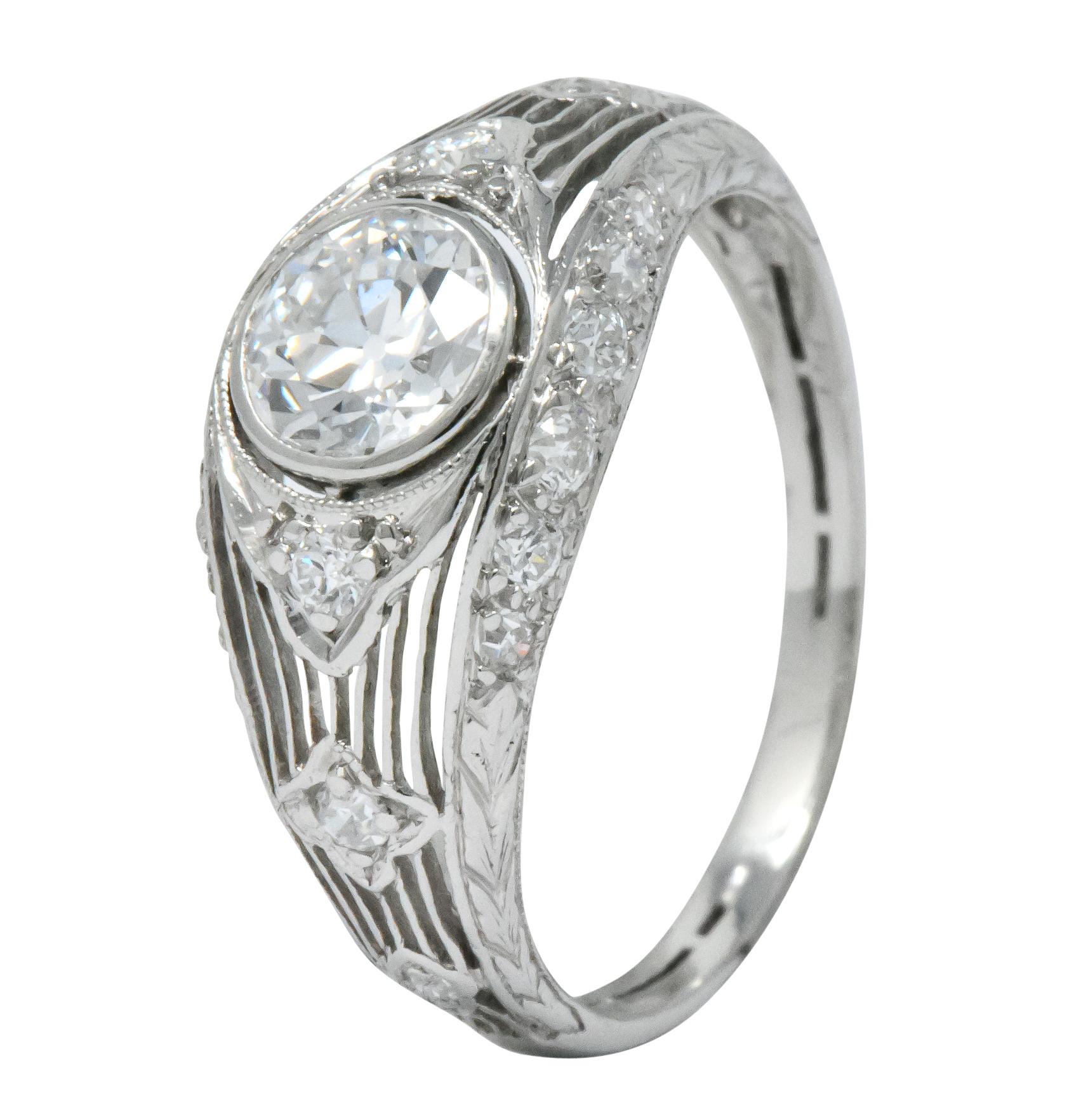 Art Deco 1.30 Carat Old European Cut Diamond Platinum Engagement Ring 4