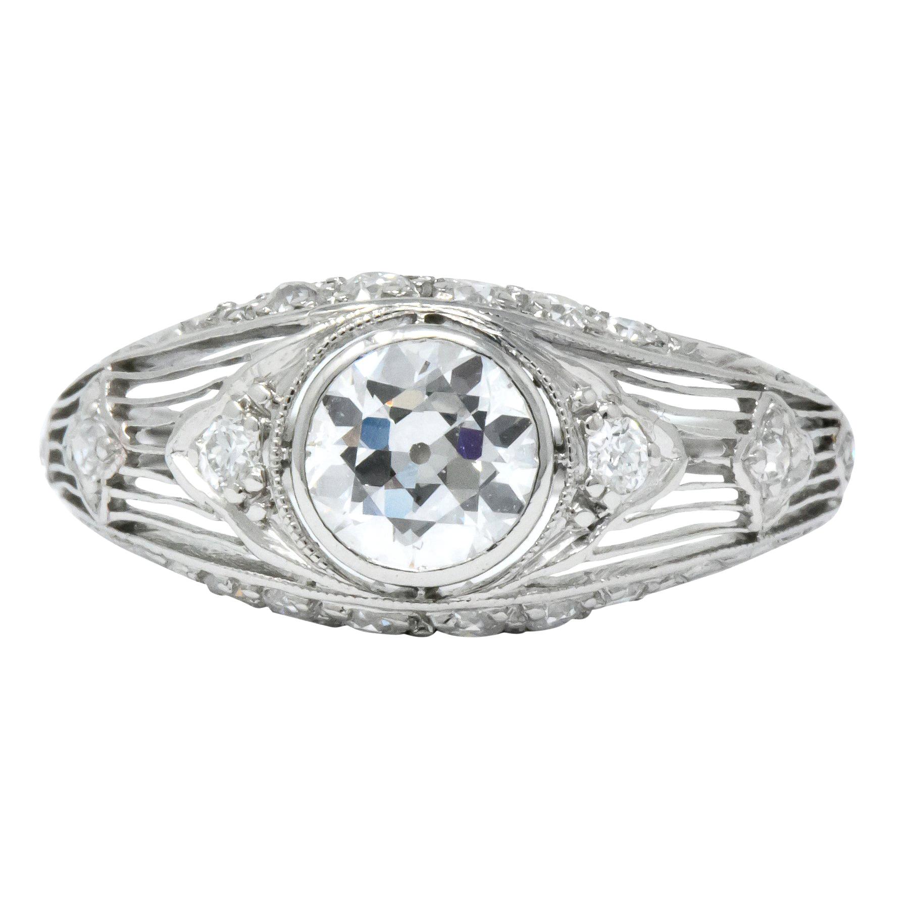 Art Deco 1.30 Carat Old European Cut Diamond Platinum Engagement Ring