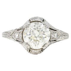 Art Deco 1.30 Carats Old European Cut Diamond Platinum Scrolled Engagement Ring