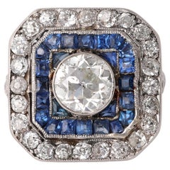 Art Deco 1.30 Carats Old European Cut Diamond Sapphire Platinum Dinner Ring