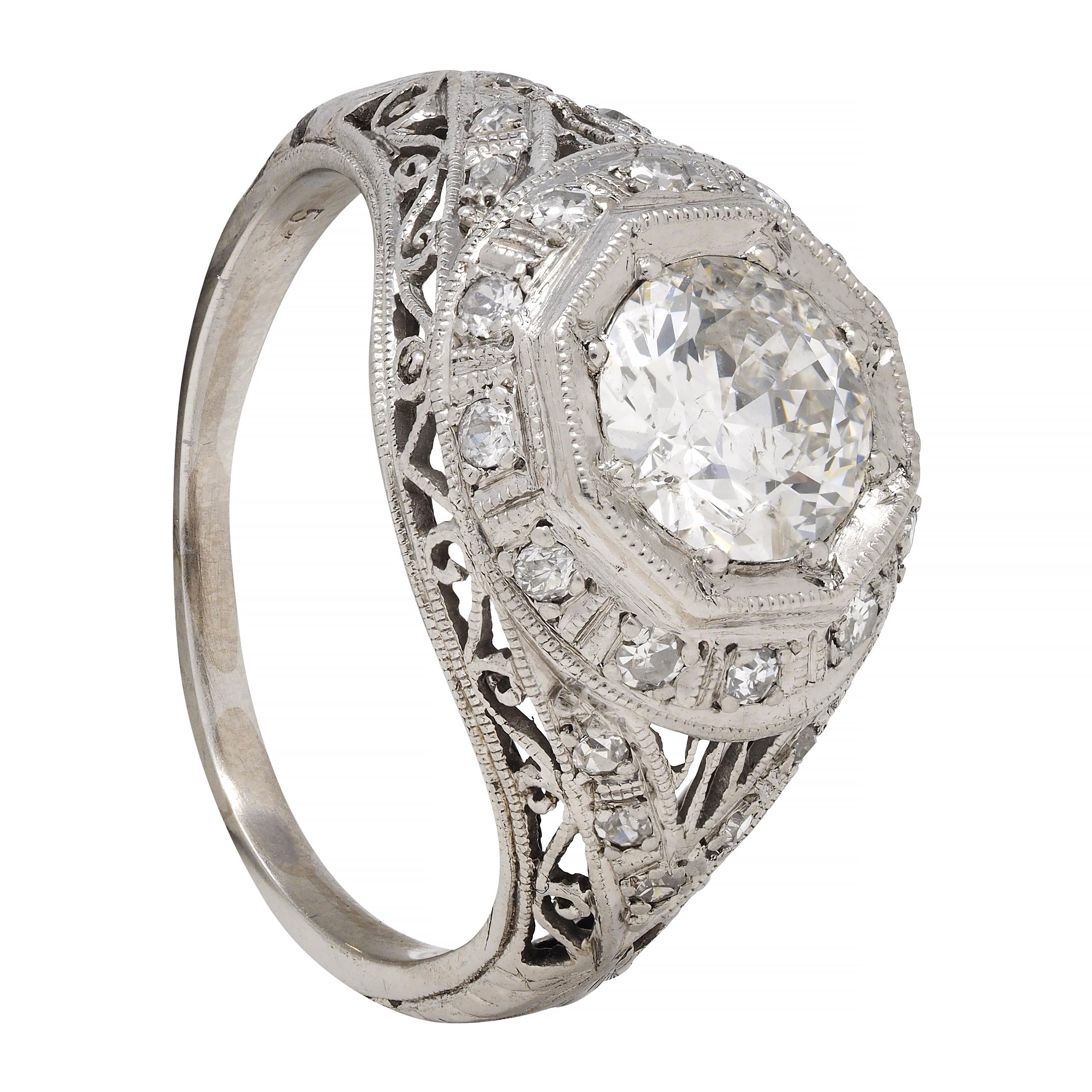 Art Deco 1.30 CTW Diamond Platinum Octagonal Bombay Vintage Engagement Ring 6