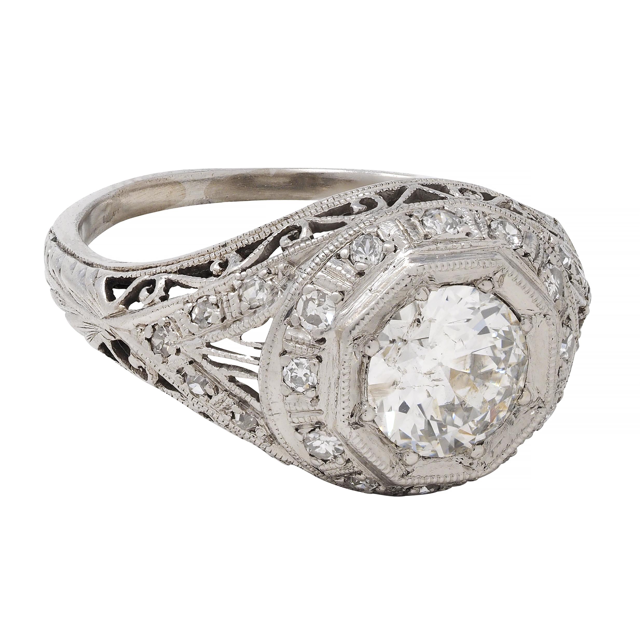 Old European Cut Art Deco 1.30 CTW Diamond Platinum Octagonal Bombay Vintage Engagement Ring