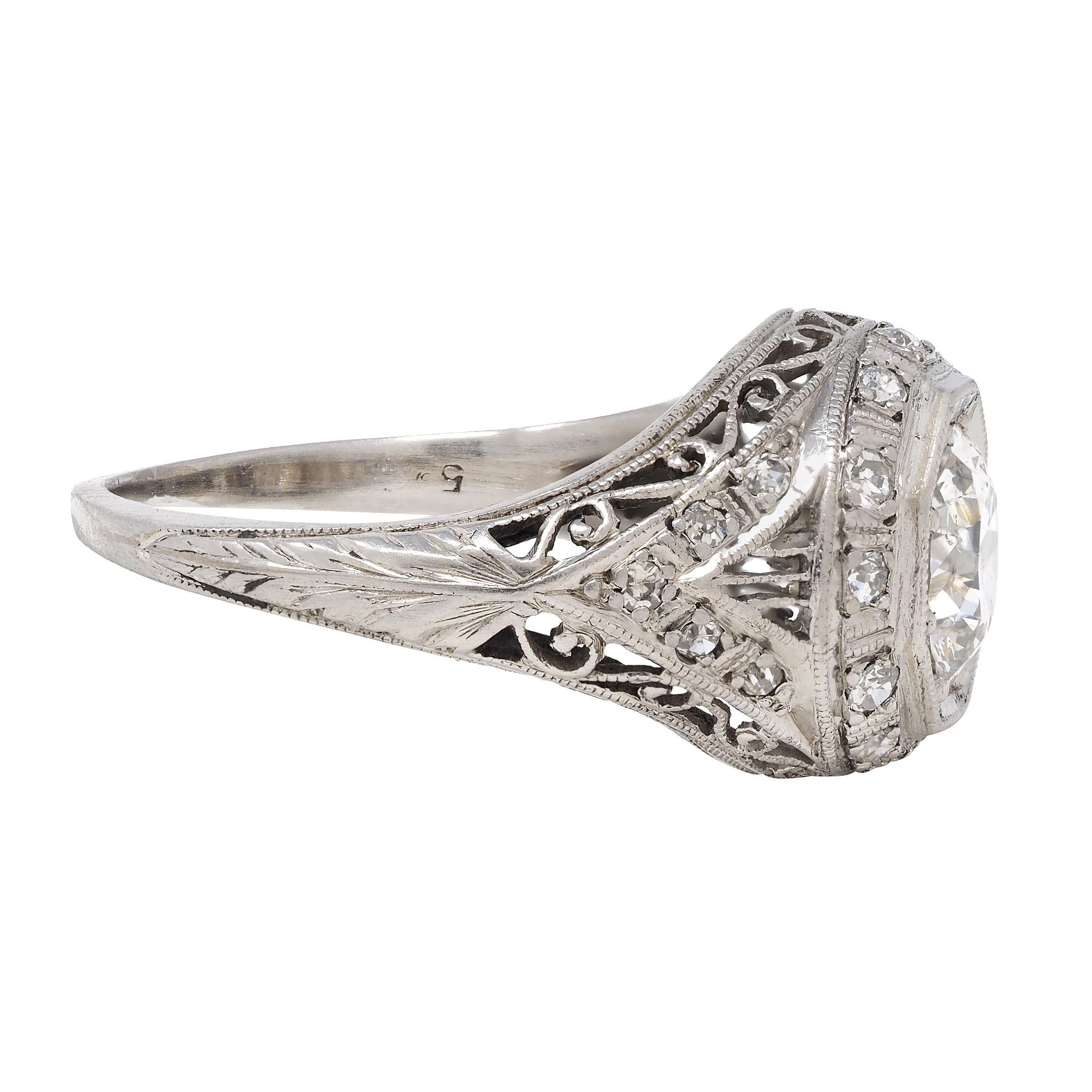 Art Deco 1.30 CTW Diamond Platinum Octagonal Bombay Vintage Engagement Ring In Excellent Condition In Philadelphia, PA