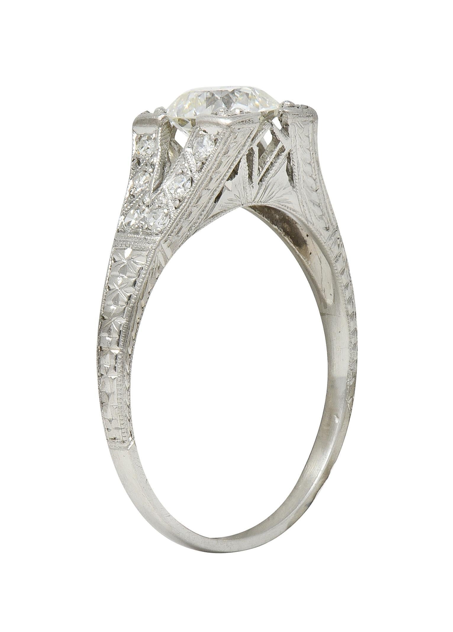 Old European Cut Art Deco 1.30 CTW Diamond Platinum Vintage Fanning Wheat Engagement Ring For Sale